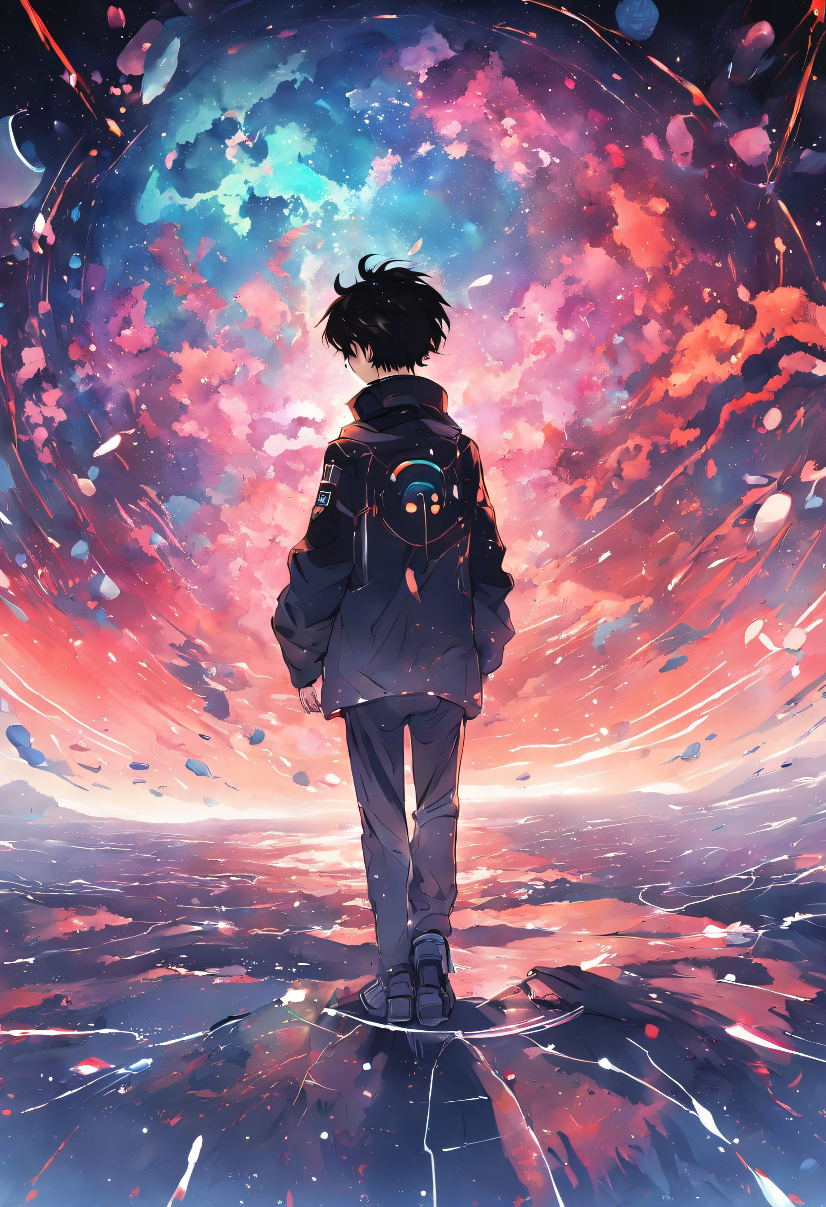 Colorful futuristic space illustration,There is a planet in the middle, A beautiful artwork illustration, Science-fi digital art illustration, Watercolor tiles, a young mand standing, black hair, black jacket, amazing skies.