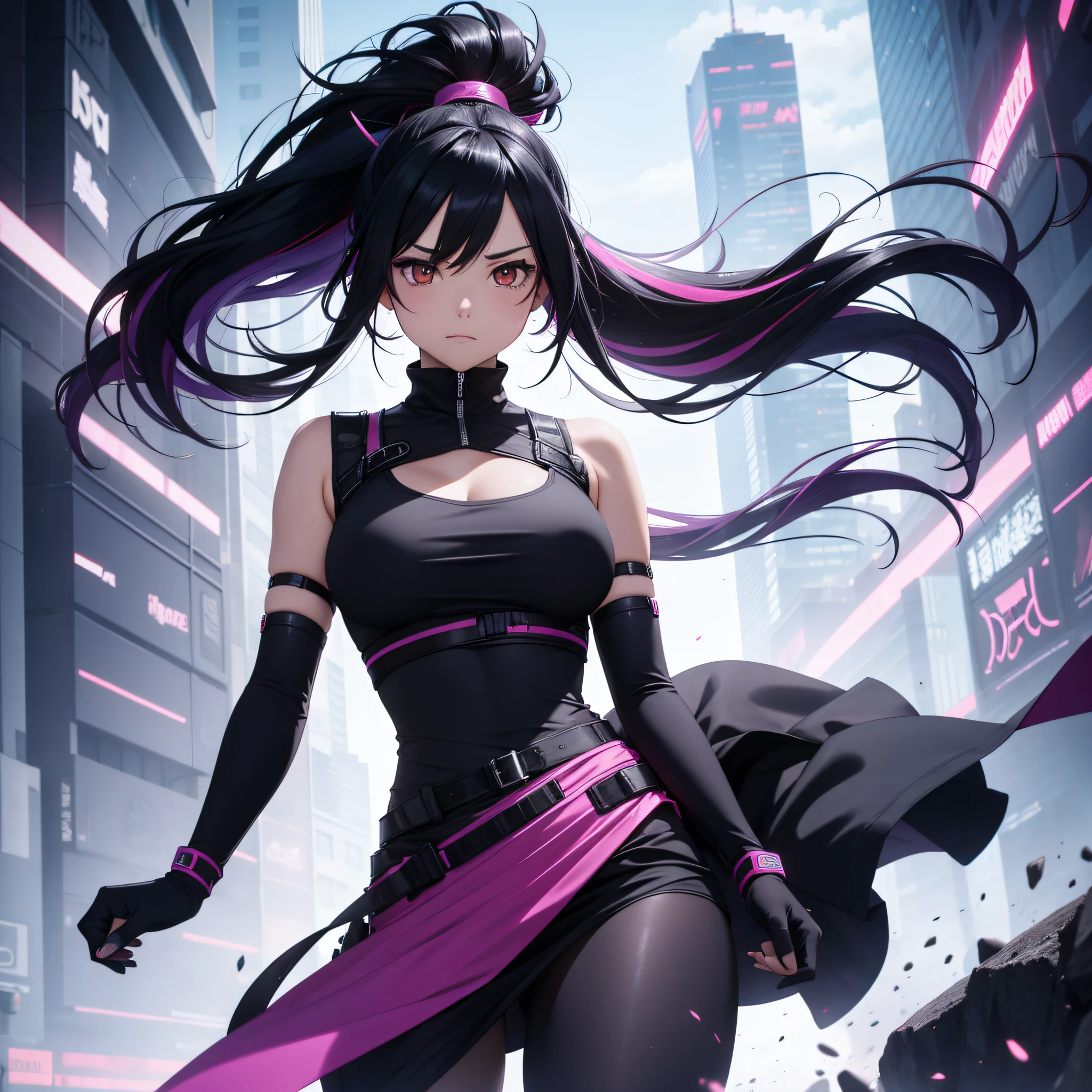 1girl,ahoge,bare shoulders,black gloves,black hair,breasts, elbow gloves, purple samurai outfit, floating hair,gloves,hair ornament,long hair,looking at viewer,medium breasts,night time, orange eyes, outdoors,partially fingerless gloves,sleeveless,sleeveless shirt, solo,v-shaped eyebrows,very long hair,leggings ,black hair,ponytail,multicolored hair,streaked hair,futuristic, cyberpunk, very long skirt