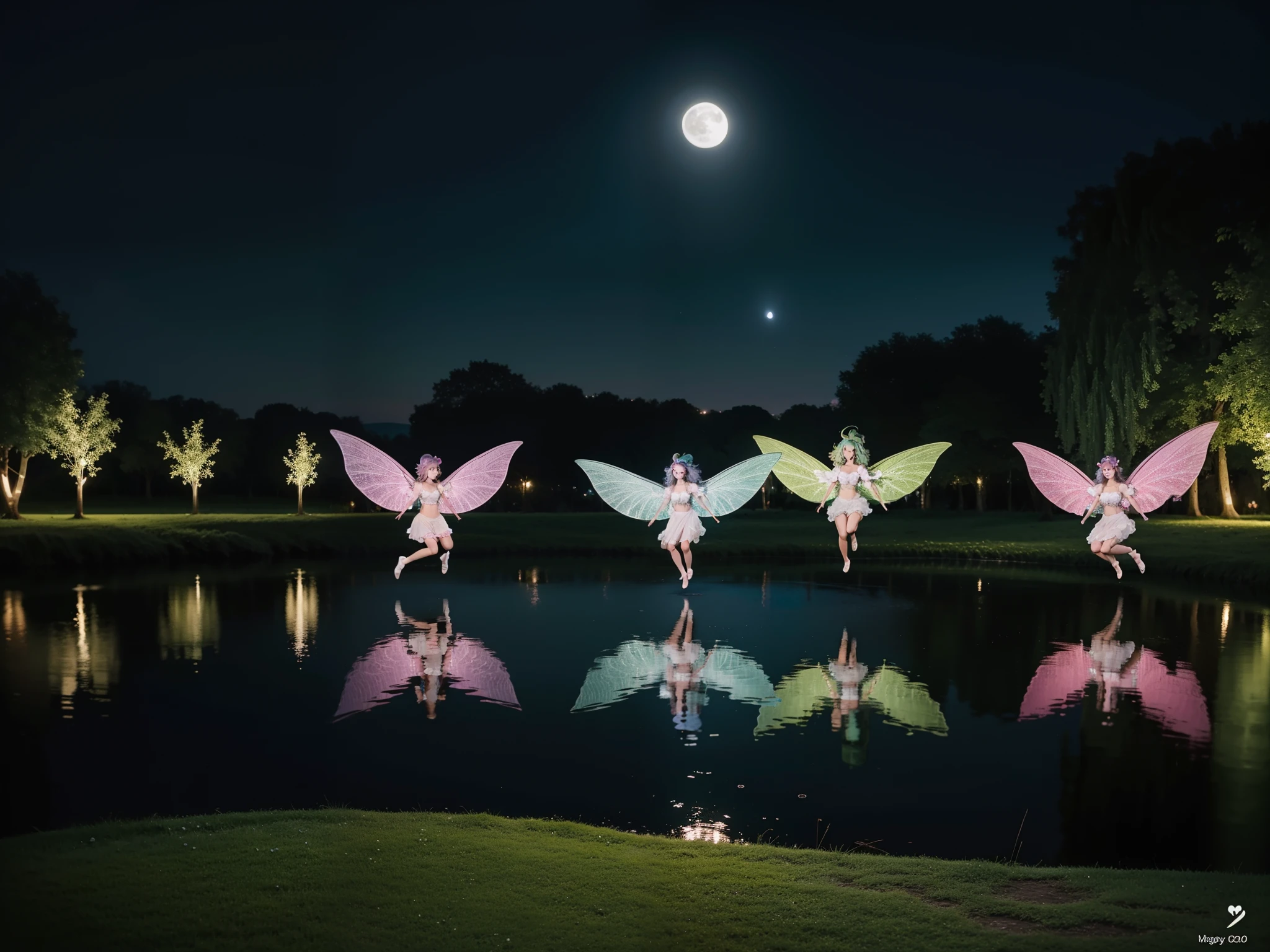 photo of 3 mature Flower fairies wearing latex club costumes, flying by fairies wings, in night gardens, moon light, deep shadow, upper body view, photorealistic, realism, real, materpiece, best quality, real skin feeling, blonde hair, blue hair, black hair, brown hair, pink hair, silver hair, purple hair, grey hair, red hair, green hair, huge breasts deep cleavage