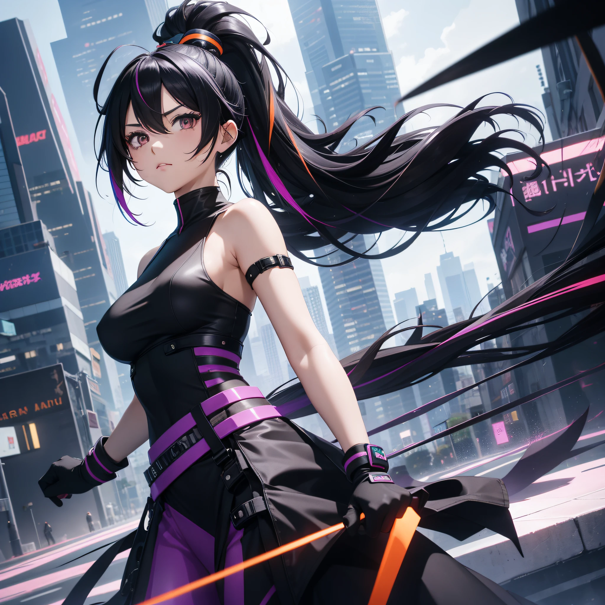 1girl,ahoge,bare shoulders,black gloves,black hair,breasts, elbow gloves, purple samurai outfit, floating hair,gloves,hair ornament,long hair,looking at viewer,medium breasts,night time, orange eyes, outdoors,partially fingerless gloves,sleeveless,sleeveless shirt, solo,v-shaped eyebrows,very long hair,leggings ,black hair,ponytail,multicolored hair,streaked hair,futuristic, cyberpunk, very long skirt