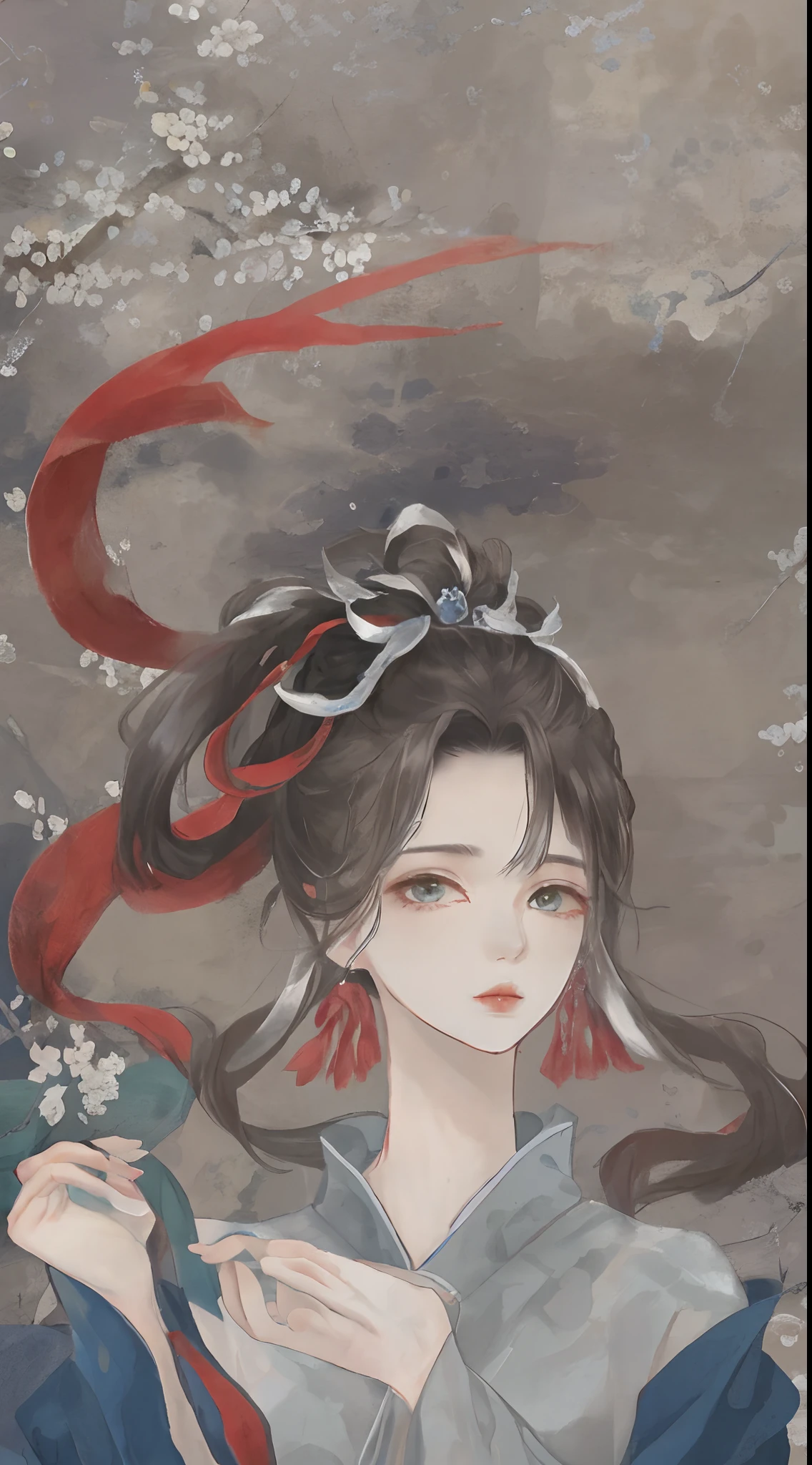 An ancient Chinese beauty sitting on a stone, wearing ancient Chinese clothing, flowing tulle, light silk, lazy posture, large lotus leaf, lotus, ink painting style, clean color, decisive cutting, blank, freehand, masterpiece, super detailed, epic composition, high quality, the highest quality, 4k --v 6