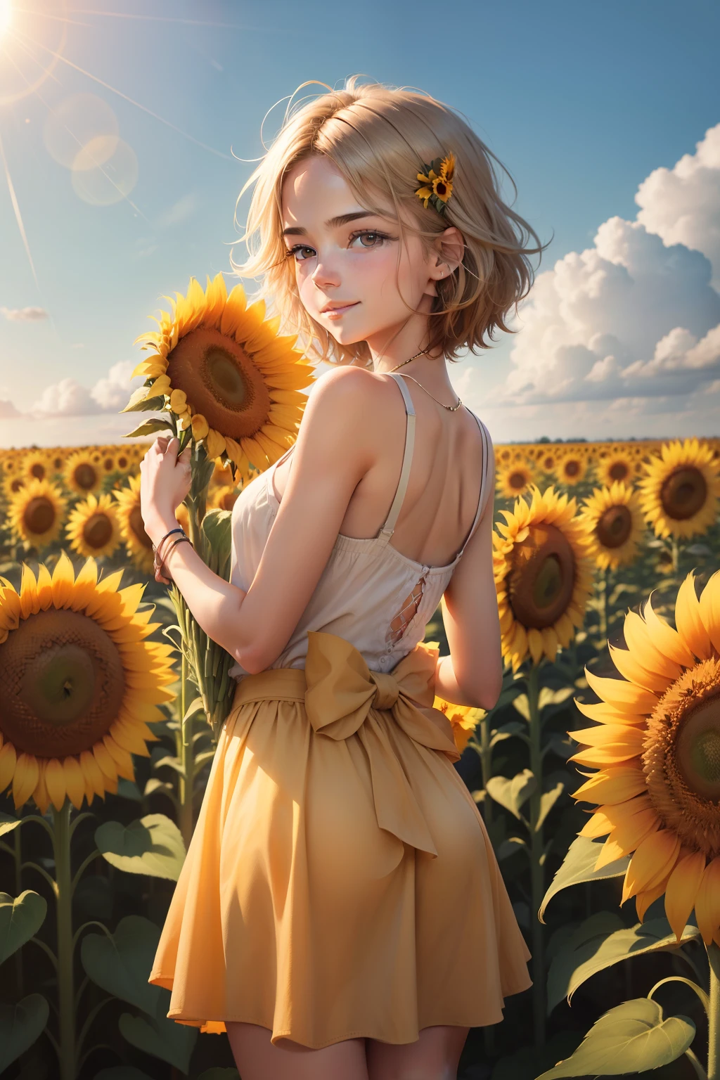 scent, Bouger, surrounded by wheat fields, looking back, sun light, Souriant, Poser avec un signe de paix, tenant un tournesol dans sa main, sunflower covering their eye, cheveux mi-longs, androgyne, visage souriant, holding a sunflower in hand