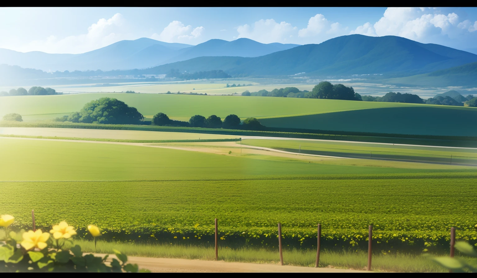 There are orchards under the rolling mountains,vine yards,sunny clear sky,largeaperture,The horizon is low,Nice colors。