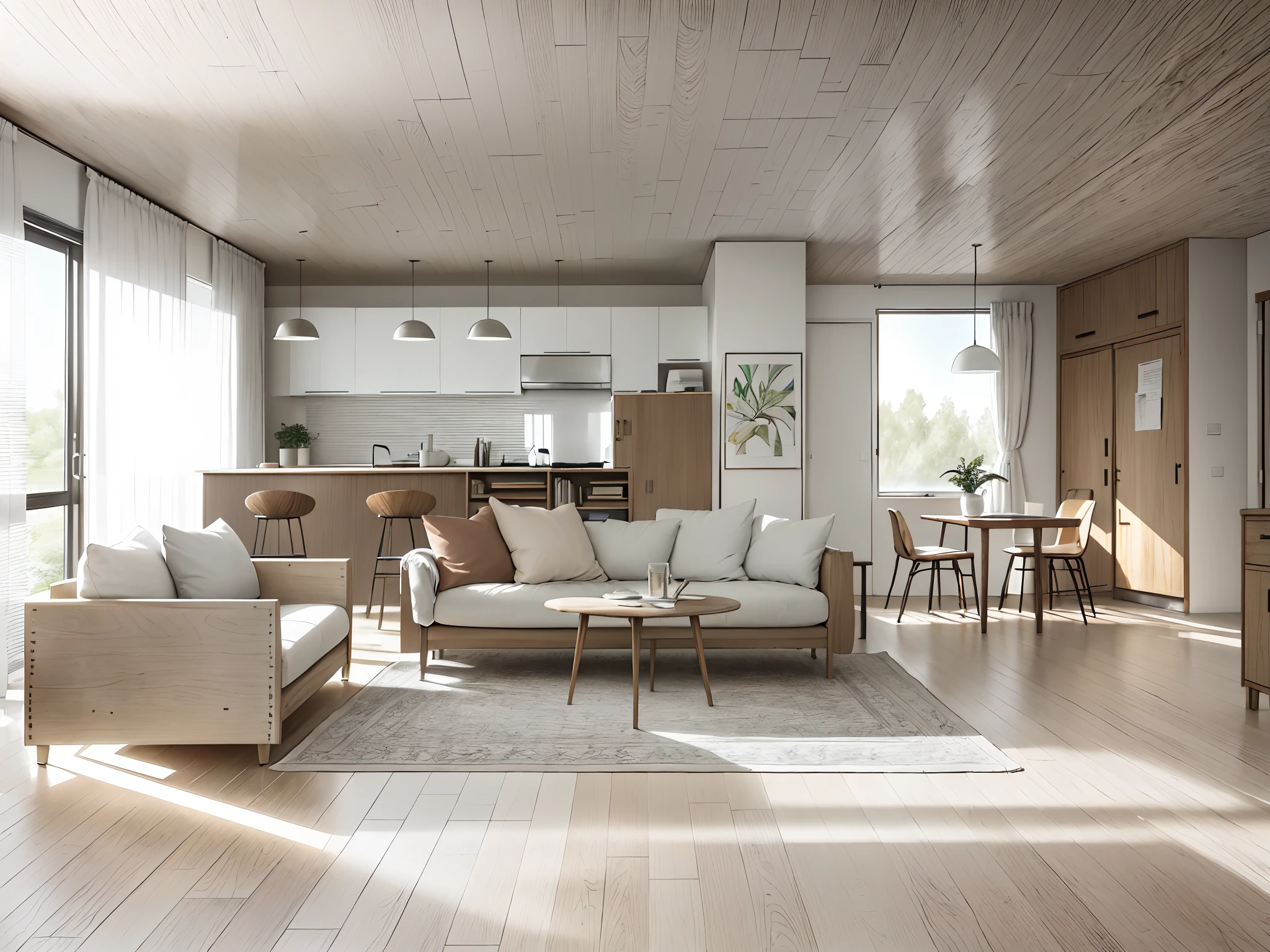 a sketch of a beautiful modern living room, (((foster and partners, artists impression, artistic impression, by Hamish MacDonald, by Carey Morris, by David Brewster, higher detailed illustration, by Helen Berman, an illustration, detailed illustration, by Nick Fudge, by Warren Mahy, artist's impression))), a red kitchen cabinet behind the white sofa, with minimal pictures on the wall, linen curtain next to the classroom window, coffee table, modern wood, ceiling with magnetic emissive lighting, white fabric PRB textures, wooden floor PRB texture,