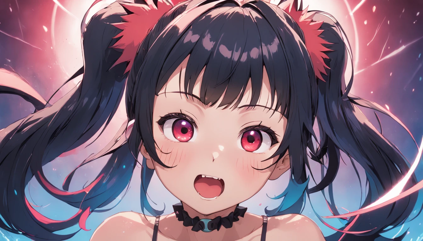 black hair, hair bobbles, wince, longeyelashes, solid circle eyes, fake animal ears, light smile, ear blush, fang, hair over one eye, big hair, Surrealism, drop shadow, anaglyph, stereogram, tachi-e, pov, Genre painting, motion blur, panorama, 8k, super detail, ccurate, best quality