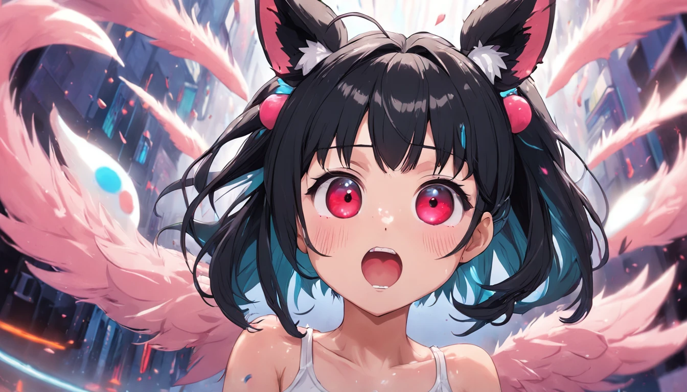 black hair, hair bobbles, wince, longeyelashes, solid circle eyes, fake animal ears, light smile, ear blush, fang, Surrealism, drop shadow, anaglyph, stereogram, tachi-e, pov, atmospheric perspective, 8k, super detail, ccurate, best quality