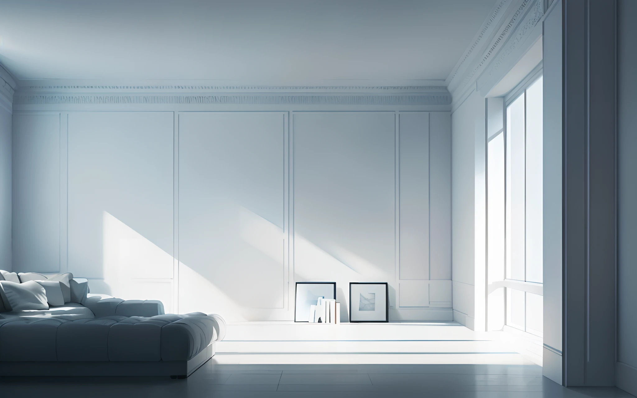 The room with windows and picture frames has a sofa, White Room, natural light in room, inside white room, brightly lit room, all white render, In a white room, Empty white room, white walls, Interior White Wall, sitting in an empty white room, archviz, in white room, Bright sunlight indoor photo