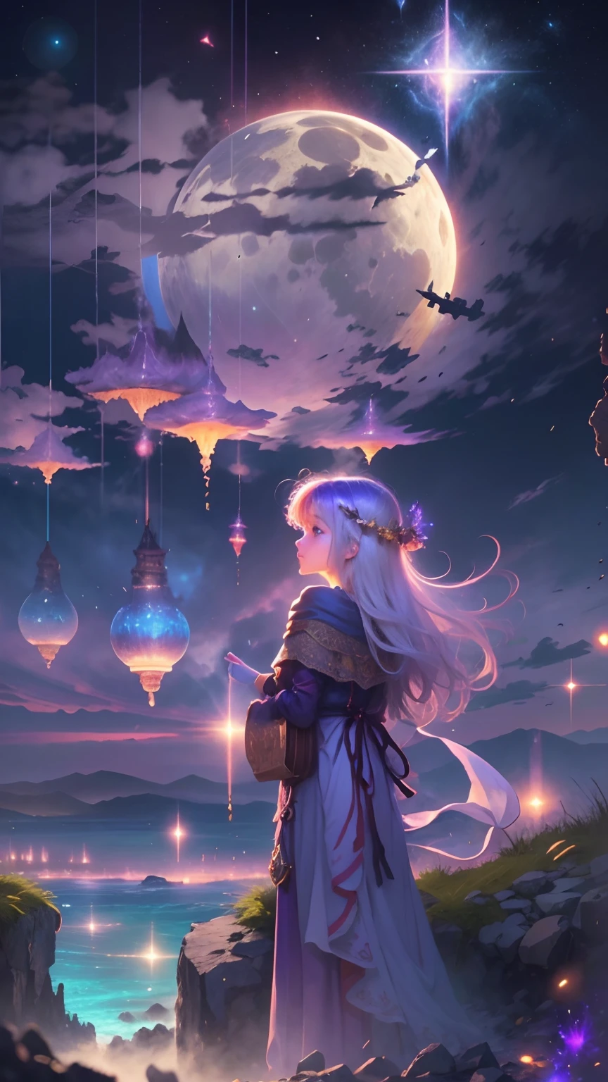 Expansive landscape photograph，Vast starry sky，look from down，Above is the sky，Below are the open ruins of a ruined city，（A girl stands on a rooftop and looks up），（moon full：1.2），（meteors：0.9），（Starcloud），Distant sea level,（Warm light source：1.2），（glowworm：1.2），lamp lights，Lots of purple and orange，Complicated details，Volumetric lighting BREAK（tmasterpiece：1.2），（best qualtiy），4K，ultra - detailed，（dynamic compositions：1.4），detail-rich，plethora of colors，（Irridescent color：1.2），（with light glowing，Atmospheric lighting），dream magical，magical，（独奏：1.2）Extremely detailed beauty, ridiculous, unbelievable Ridiculous, hugefilesize, ultra - detailed, A high resolution, The is very detailed, top-quality, tmasterpiece, illustratio, The is very detailed, NFFSW, unified, 8K picture wallpaper, magnifica, finedetail, tmasterpiece, top-quality, A highly detailed，hentail realism，photoreali，（realisticlying，photograph realistic：1.37），（natta），