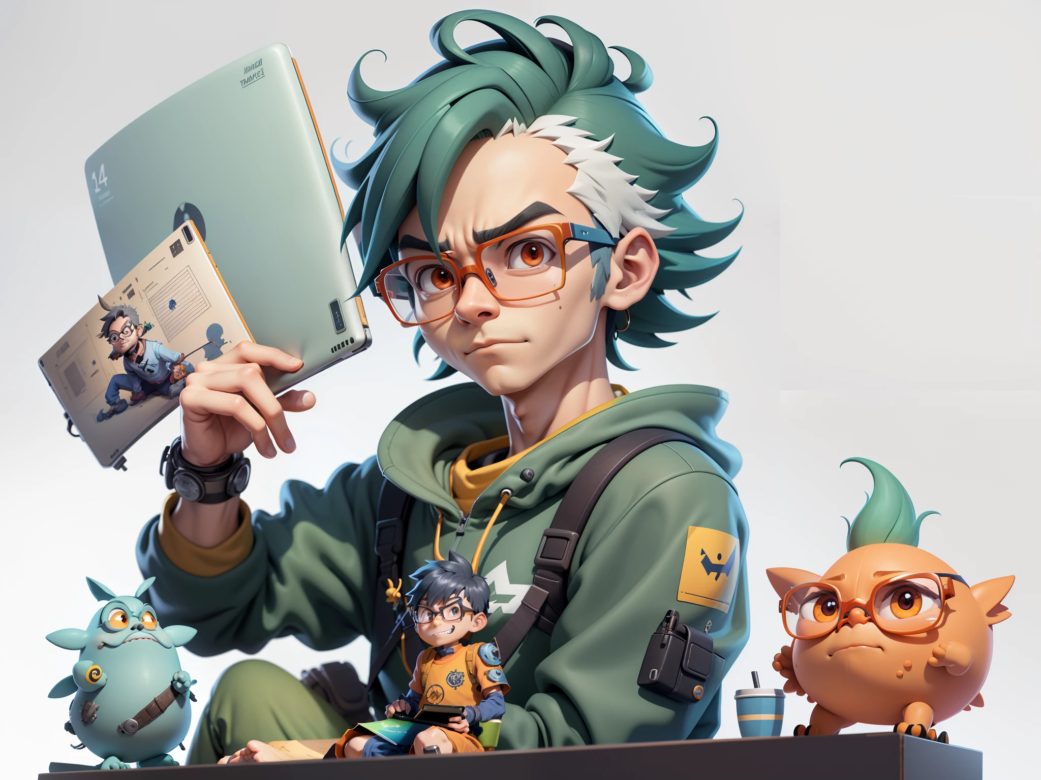 A young man with glasses sits at his desk，holding laptop，digitial painting，3D character design by Mark Clairen and Pixar and Hayao Miyazaki and Akira Toriyama，4K HD illustration，Very detailed facial features and cartoon-style visuals。