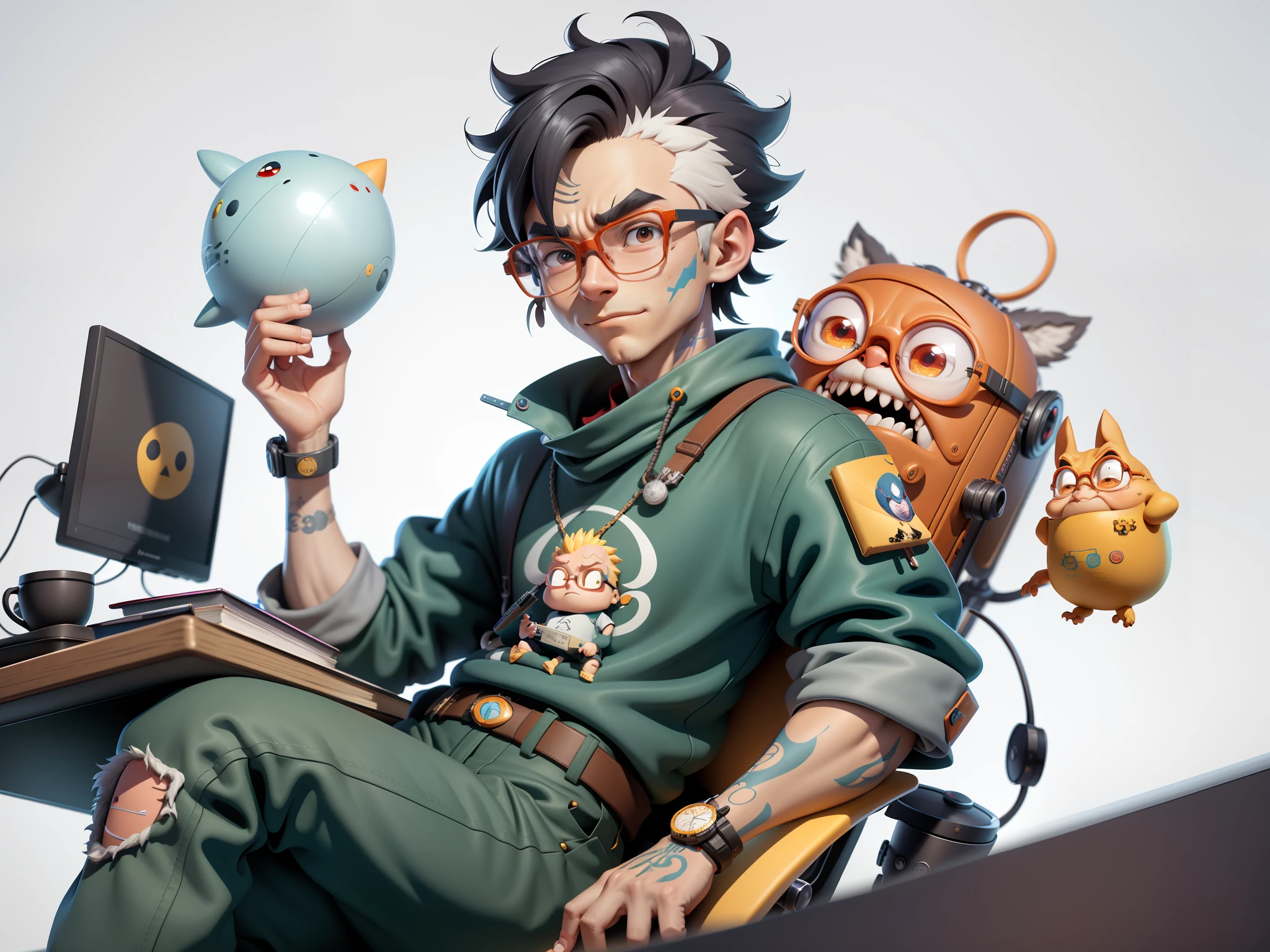 A young man with glasses sits at his desk,holding laptop,digitial painting,3D character design by Mark Clairen and Pixar and Hayao Miyazaki and Akira Toriyama,4K HD illustration,Very detailed facial features and cartoon-style visuals。