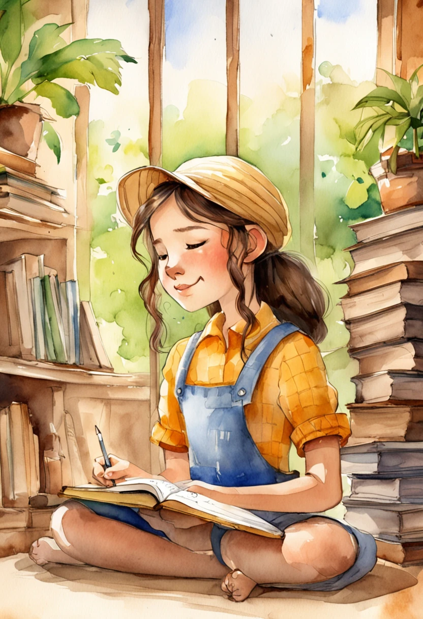 A -yeld giwith a round, innocent face sits in a peaceful library, her eyes closed in concentration as she writes. She wears overalls, a hat, and a yellow shirt, her braids falling down her back. A gentle smile brightens her face, accompanied by a slight blush. The room is adorned with rows of books and a potted plant, creating a serene atmosphere. A digital illustration with soft shading and vibrant colors can bring this scene to life, drawing inspiration from artists like Mary Blair and Hayao Miyazaki. To capture the essence of this moment, a high-resolution digital camera with natural lighting would be ideal.