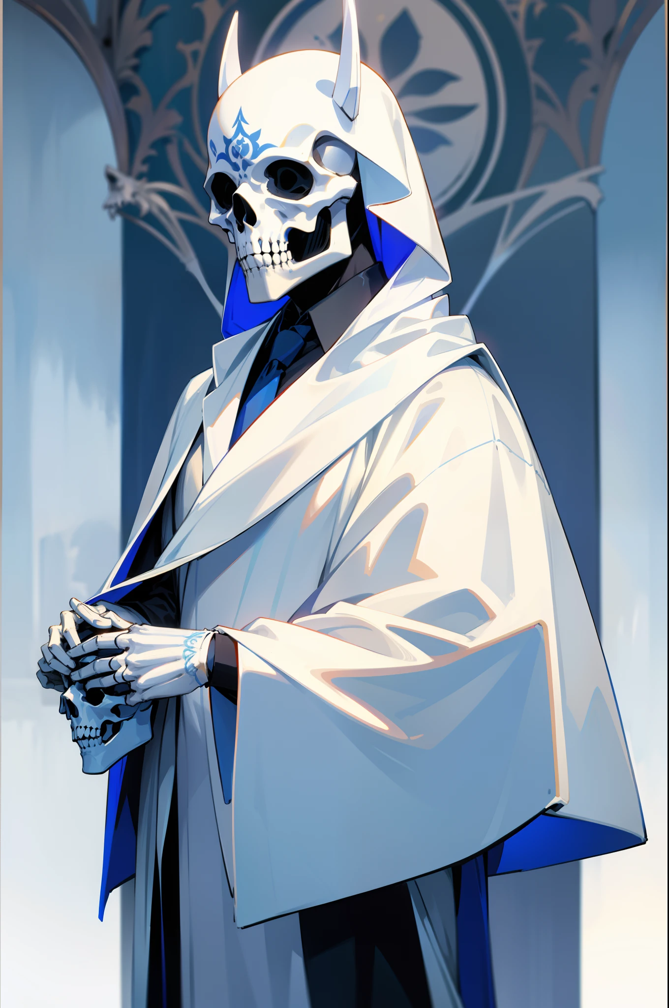The white-robed man was high-profile and gorgeous,Blue floral accents,Wearing a skeleton mask,Standing