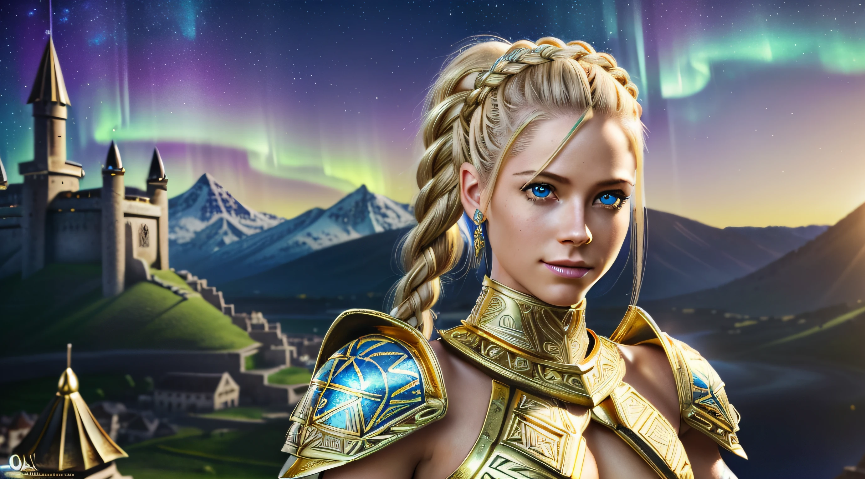 Glow, seductive, glowing blue eyes ,fire, platinum blonde ,(blonde:1.1), sexy , small chest, small breast, highly detailed eyes, blue underwear (ultra photorealistic:1.3), (masterpiece:1.4), best quality, ((realistic)), high quality, ultra detailed, ((real image)), ((realistic skin)), ((realistic face)),(illustration:1.05), (beautiful:1.05), (beautiful detailed eyes:1.50), (cinematic light:1.1), turquoise blue detaches, model pose, , demonic ,evil, divine, angelic, (glow:1.60) , fire ,Elemental, 1 braided ponytail, full body pose, black wolf background, (detailed glowing golden skimpy viking armor), realistic long viking spear in hand, (cyperrealistic anatomy), aurora borealis