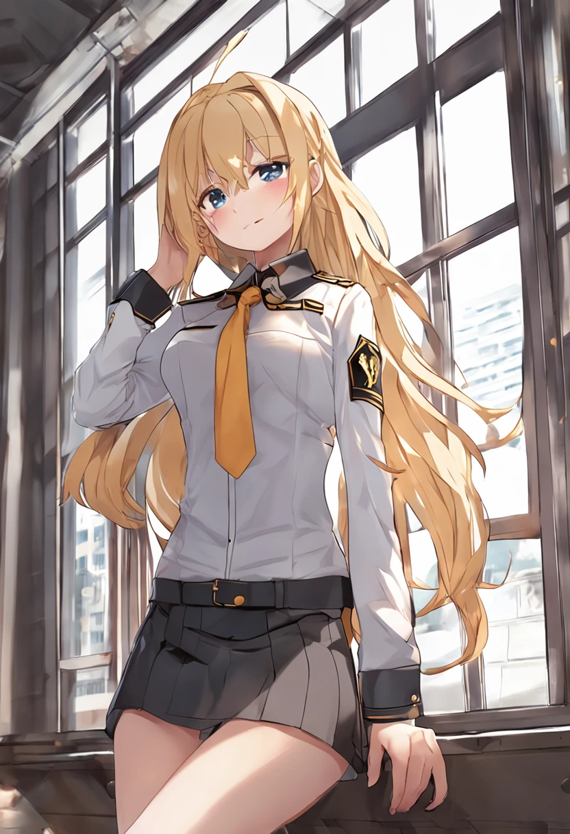 anime girl in uniform posing in front of a window with a city view, blonde anime girl with long hair, beautiful anime high school girl, seductive anime girl, anime visual of a cute girl, smooth anime cg art, marin kitagawa fanart, anime girl with long hair, attractive anime girl, realistic schoolgirl, school girl, anime best girl, a hyperrealistic schoolgirl