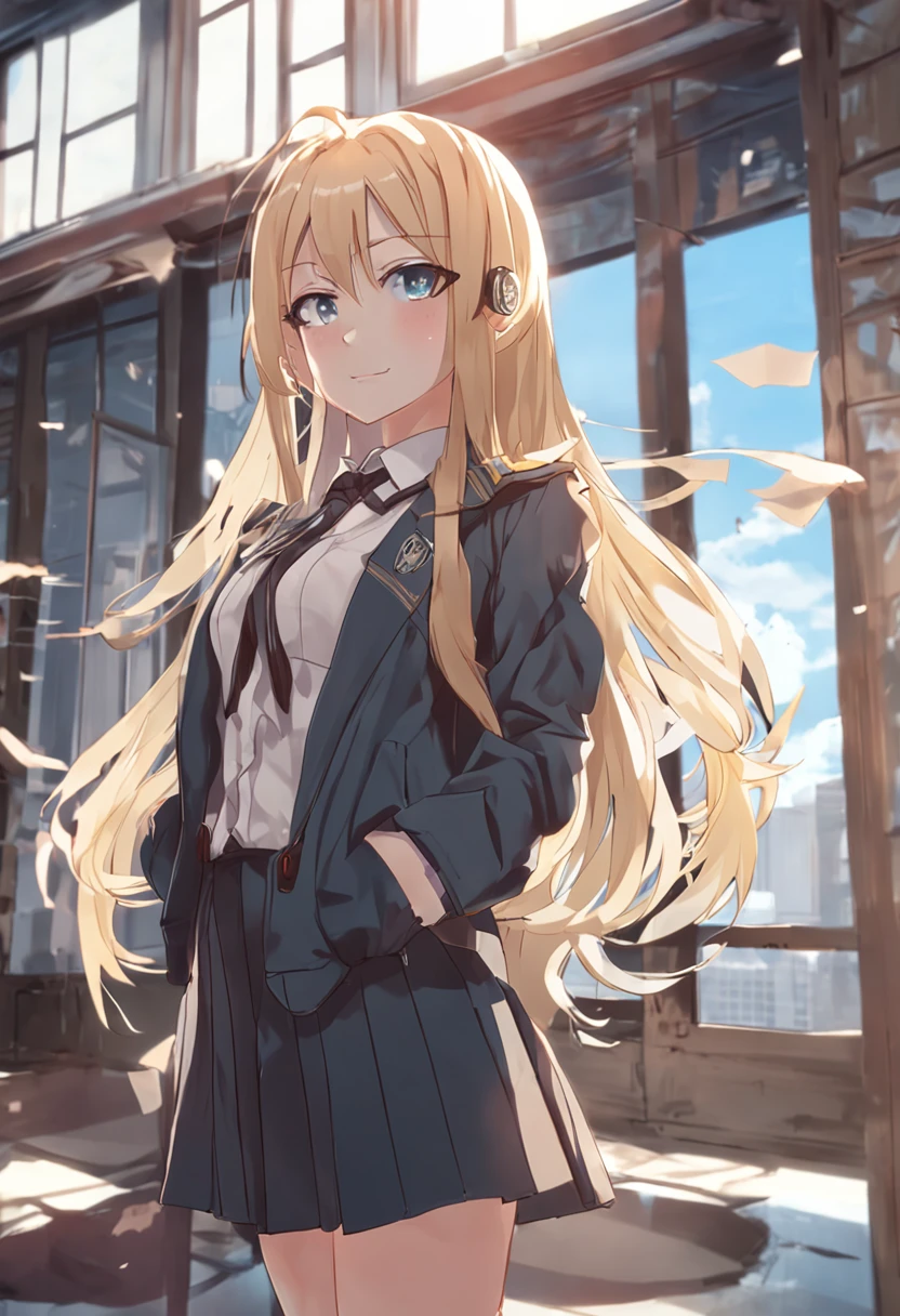 anime girl in uniform posing in front of a window with a city view, blonde anime girl with long hair, beautiful anime high school girl, seductive anime girl, anime visual of a cute girl, smooth anime cg art, marin kitagawa fanart, anime girl with long hair, attractive anime girl, realistic schoolgirl, school girl, anime best girl, a hyperrealistic schoolgirl
