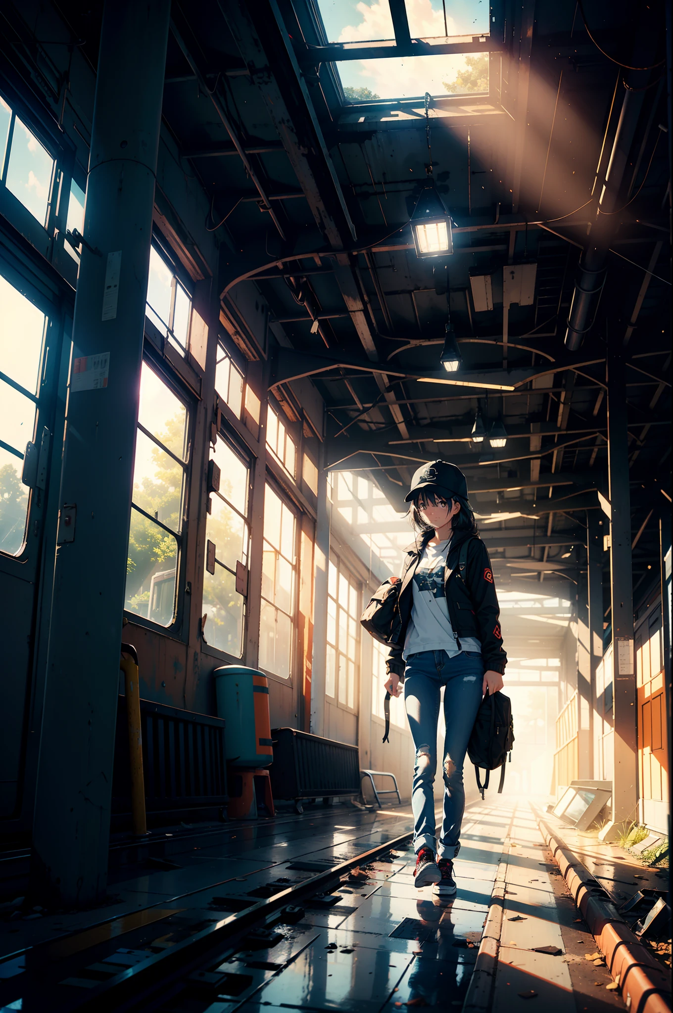 A lonely girl walking through an abandoned train station, wearing jacket and cap and full jeans and with a backpack, broken windows, (sunlight coming through, God rays, ray tracing)