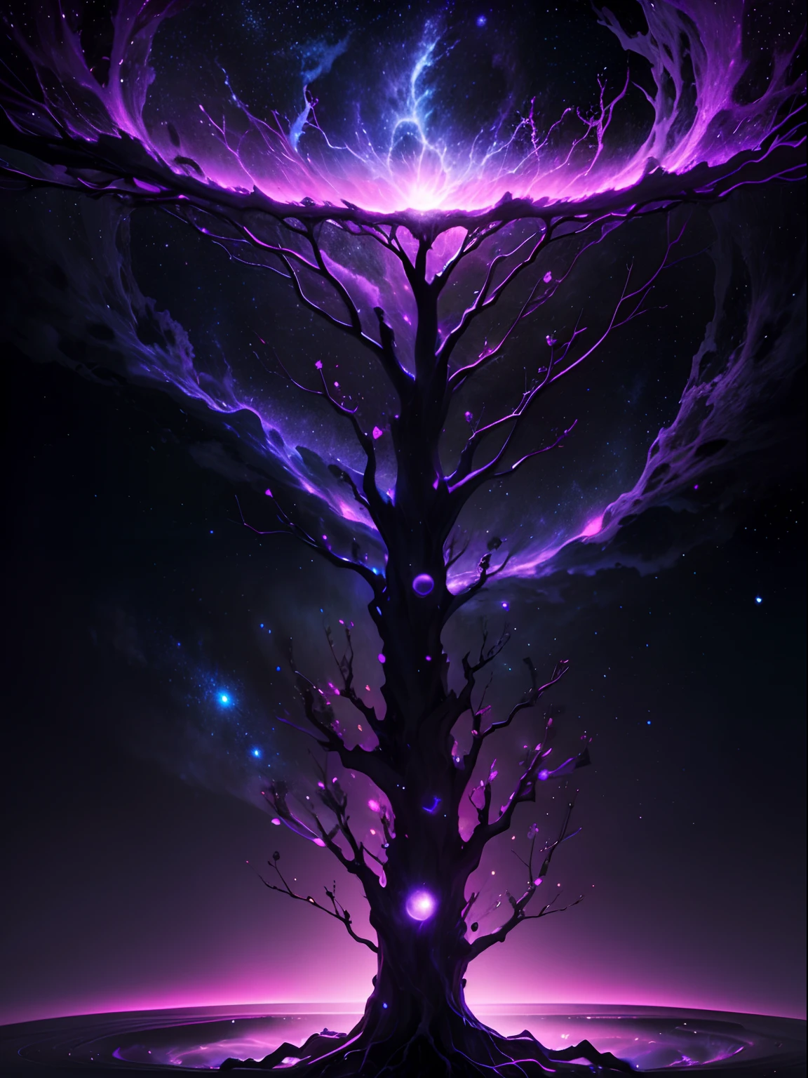 the boundless universe,Dangerous black holes,Floating stellar nebula,Negative dark mode,Artistic representation of the World Tree, Its roots penetrate deep into the colorful gas of the celestial nebula, Its branches touch distant stars