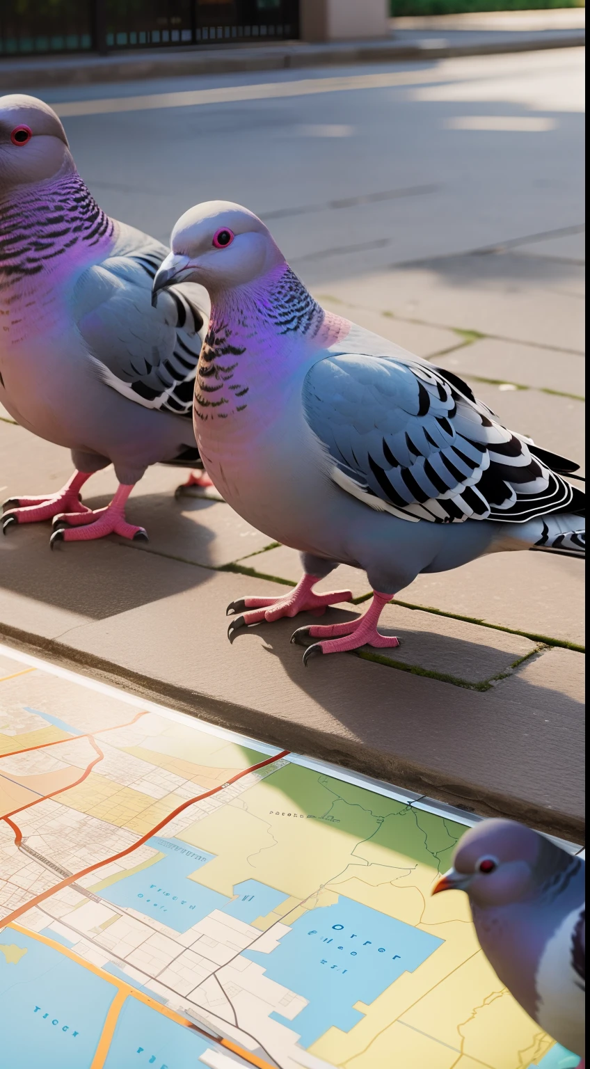 pigeons pecking at map, realistic, 8k
