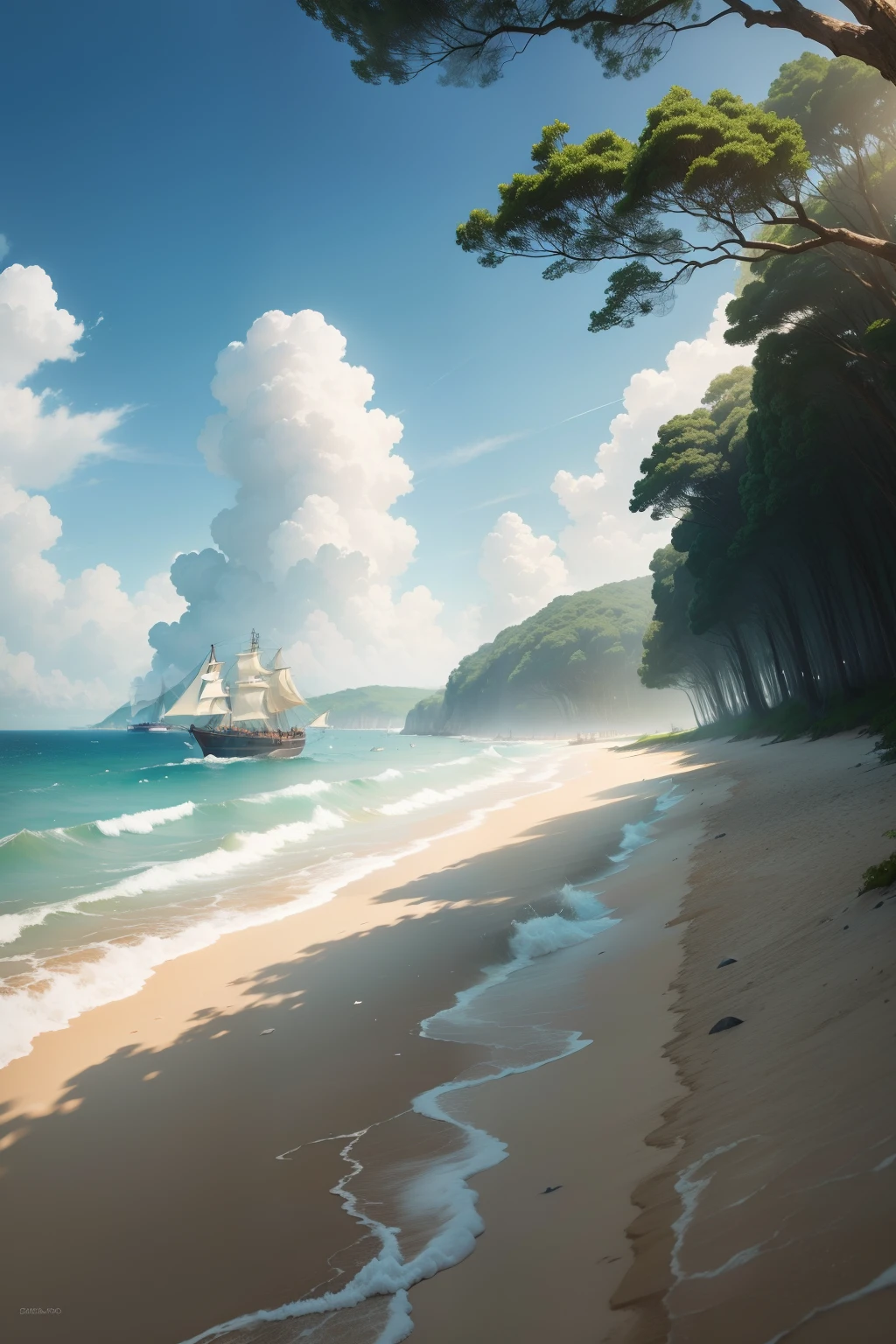 The painting depicts a sunny beach view。On the left side of the screen，There is a lush forest，Trees soar into the clouds，The leaves appear dark green。The beach is covered with white and fine sand，The waves gently lapping against the coastline，Forming wavy white foam。Under the blue sky and white clouds，In the distance there are several sailing ships sailing the sea。The whole scene is full of tranquility and energy。
