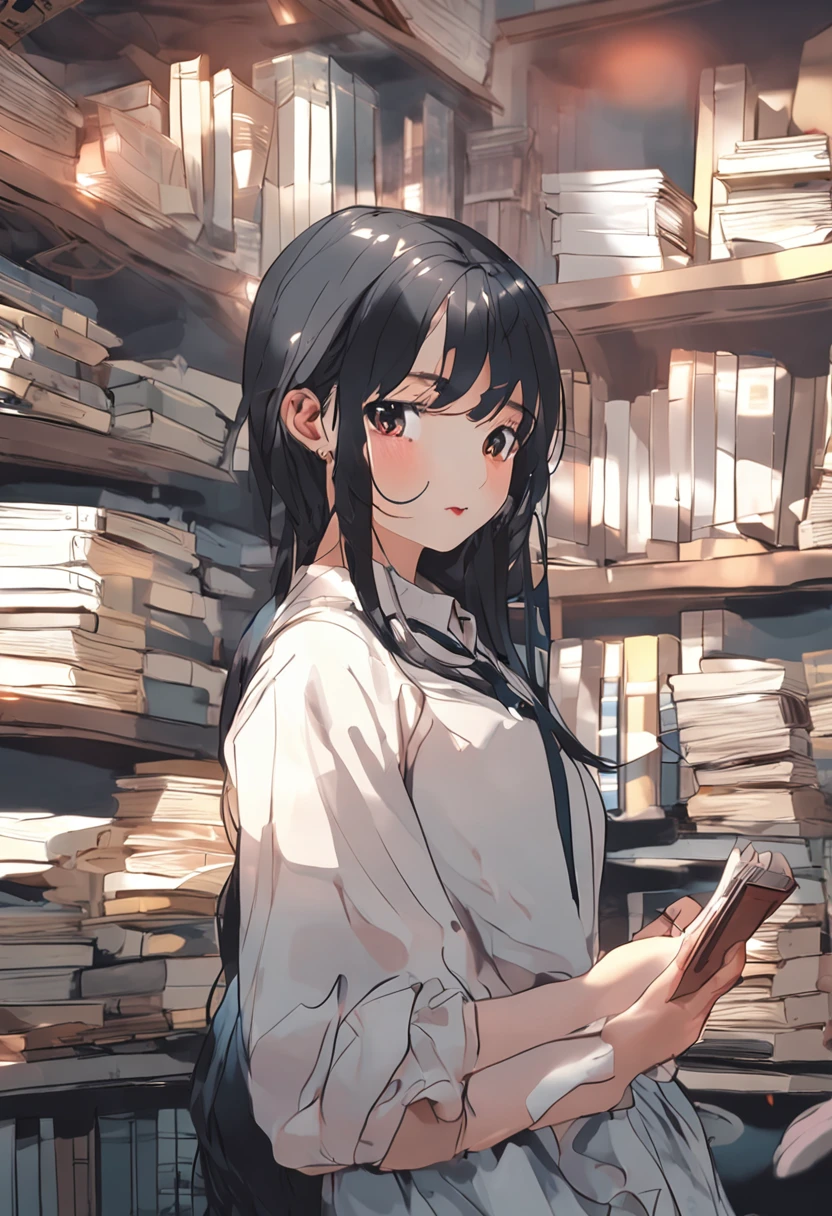 In the corner of the bookstore、Girl writing down a secret diary。In her eyes、Overflowing with dreams and hopes for the future。Girl with black hair、White dress、