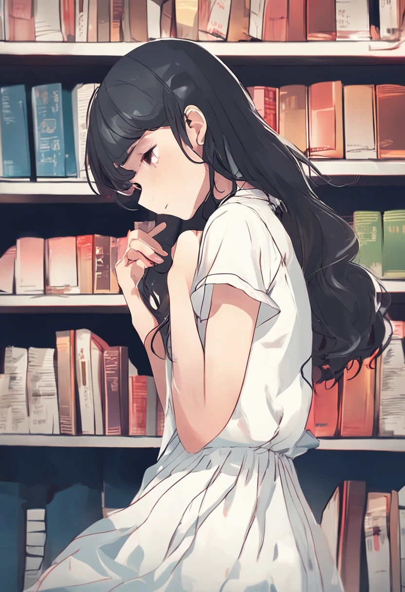 In the corner of the bookstore、Girl writing down a secret diary。In her eyes、Overflowing with dreams and hopes for the future。Girl with black hair、White dress、