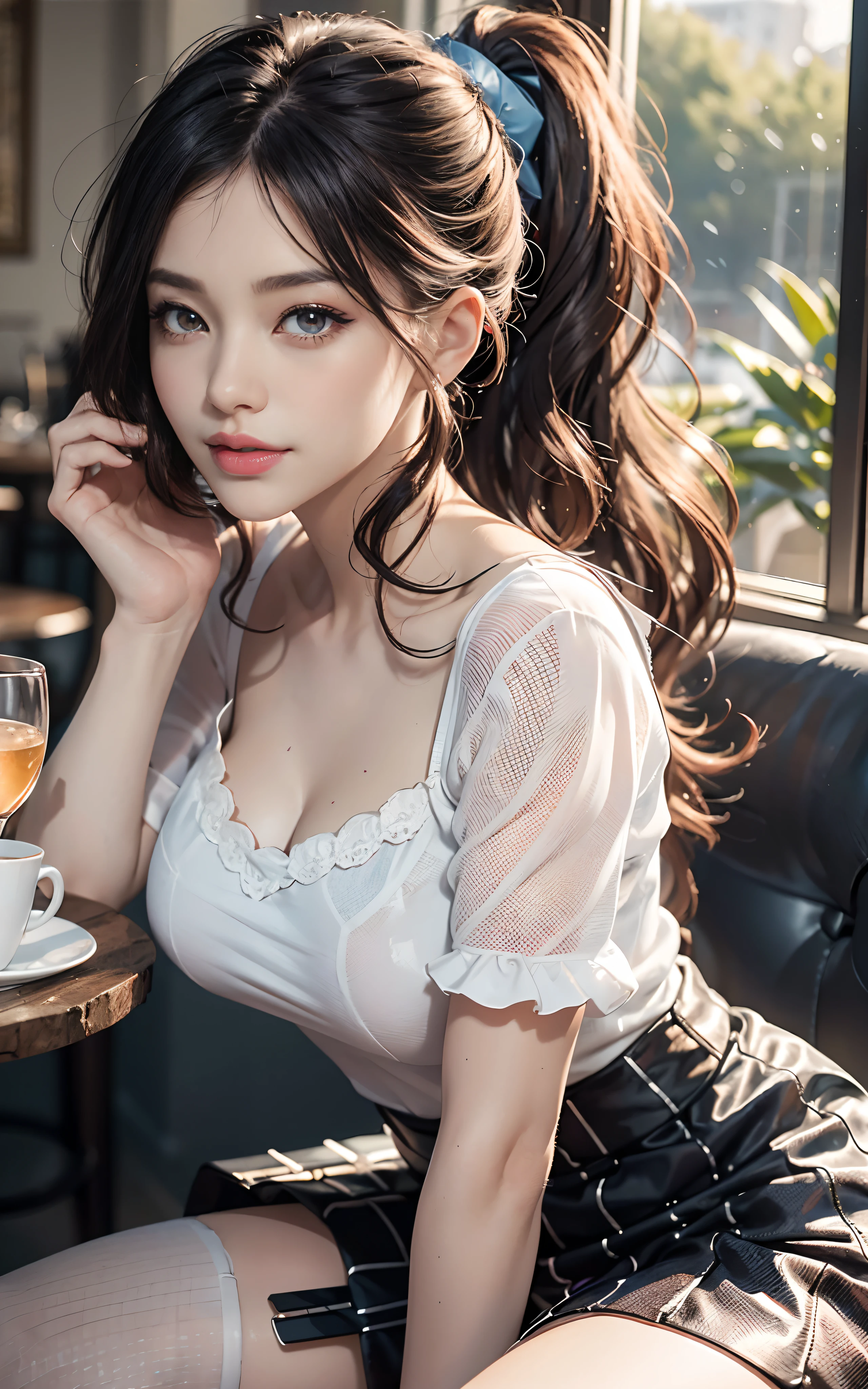 ((gigantic breasts)), ((18 years old,)), ((Very small head)), cute girl, Daylight, Sunlight, Bright light, (Perfect body : 1.1), (fullllbody), (short wavy hair:1.2, dark colored hair, Pink and blue mesh, Thin mesh), Full body shot, ((white blouse, navy tight skirt, black stockings)), (Very detailed CG 8k wallpaper), (extremely delicate and beautiful), (masterpiece), (Best Quality:1.0), (超A high resolution:1.0), (realisitic), beautiful lightning ,Perfect Lightning, Realistic Shadows, [hight resolution], Detailed skin, Ultra-detailed, Slim body), (Beautiful hair, Wavy Hair, Real Hair, detailed hairs, High ponytail), Fine Collarbone, Beautiful breasts, blush, Photorealistic, Realistic face, Beautiful face, Cute face, Realistic eyes, Small eyes, happy smile, light-pink colored lips, thin upper lip, (eye liner), (mascara), (eye shadow), (in a cafe), (seated on a chair), bighip,