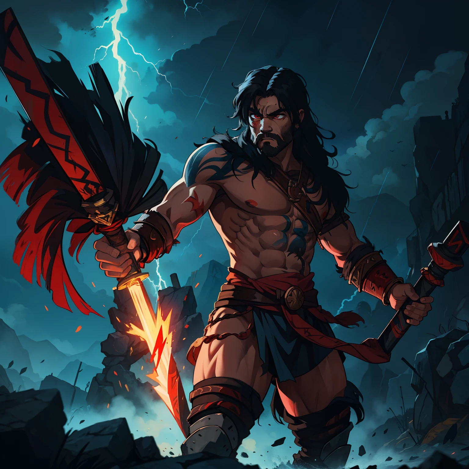 A barbarian warrior kratos style god of war, a barbarian warrior in a frenzy with long black hair and red eyes with tribal paintings on his body in a lightning storm in the skies, blue and dark colors;