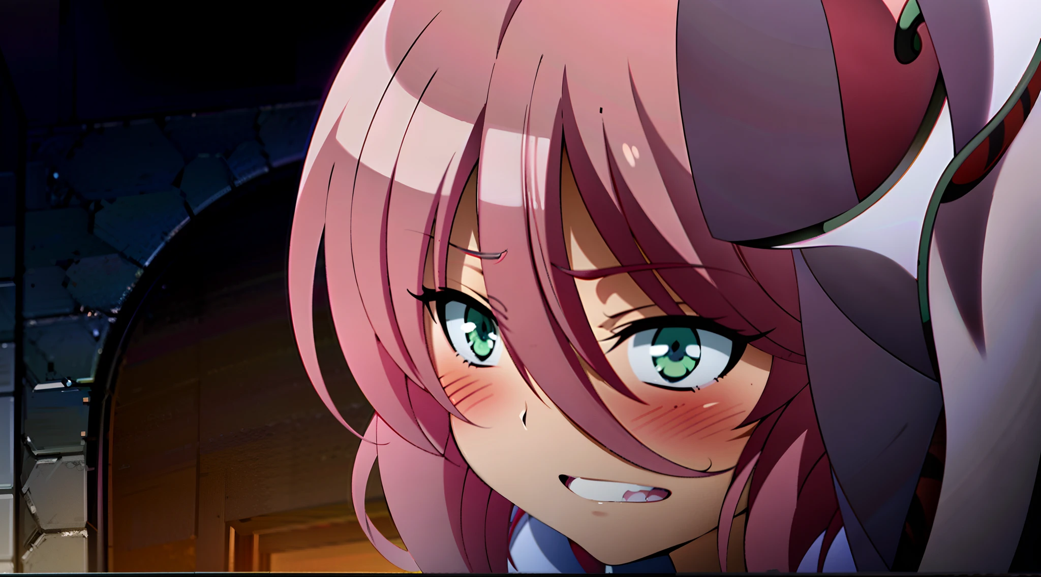 Anime girl with pink hair and green eyes looking out the window, she has a cute expressive face, screenshot from the anime film, mirai nikki, Today's featured anime stills, still from tv anime, in the anime film, Sakura Haruno, close up of a young anime girl, animated still, anime girl named lucy, cunning expression, anime movie screenshot