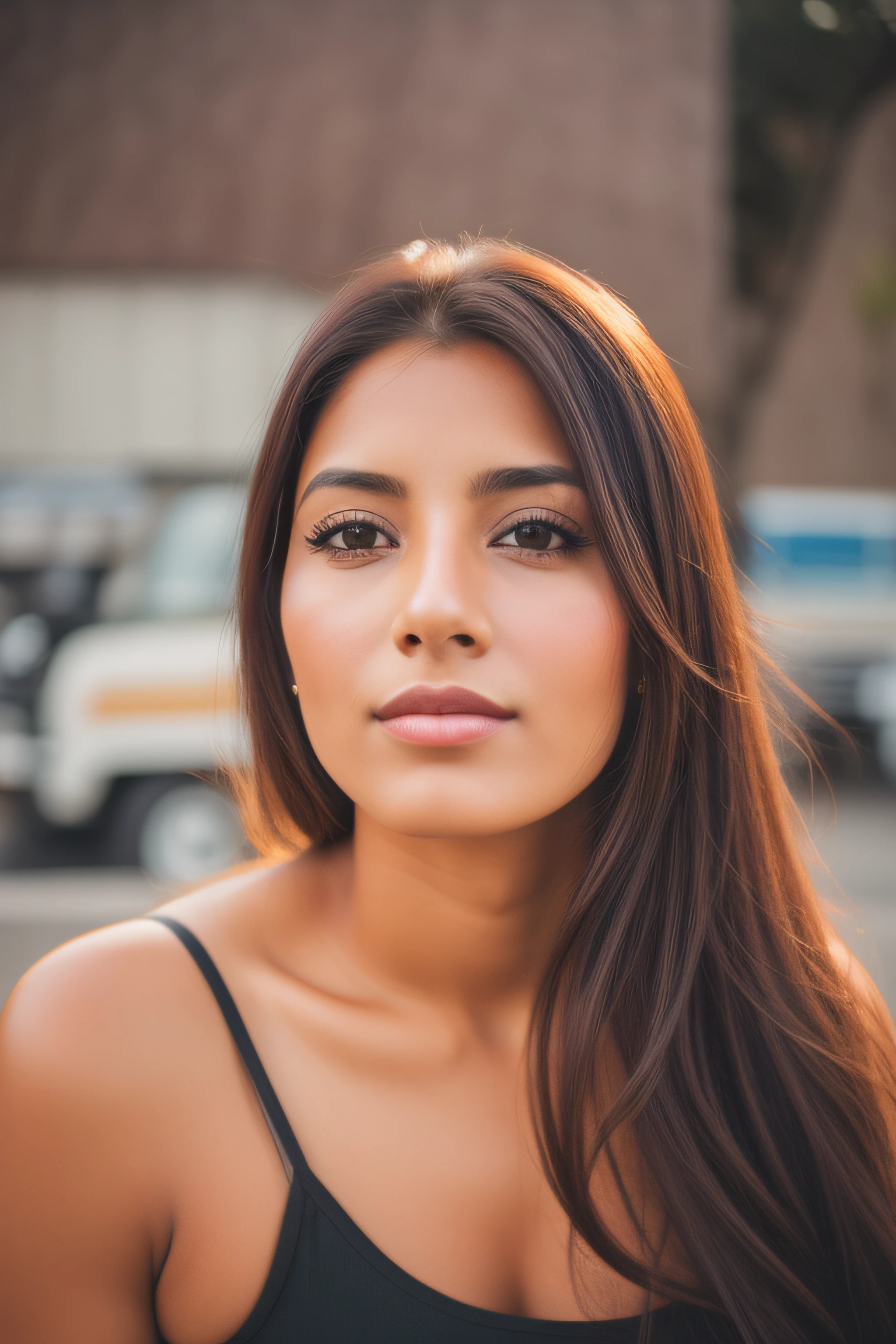 Arafed woman with long brown hair and black top looking into the camera, woman's face looking off camera, Retrato de 50mm, 7 0 mm portrait, Retrato de 60mm, Jovem mulher na casa dos 20 anos, 50 mm lens photo portrait, foto de uma mulher bonita, foto retrato suave 8 k, Mulher mexicana bonita, Violeta Myers. Transforme em anime.