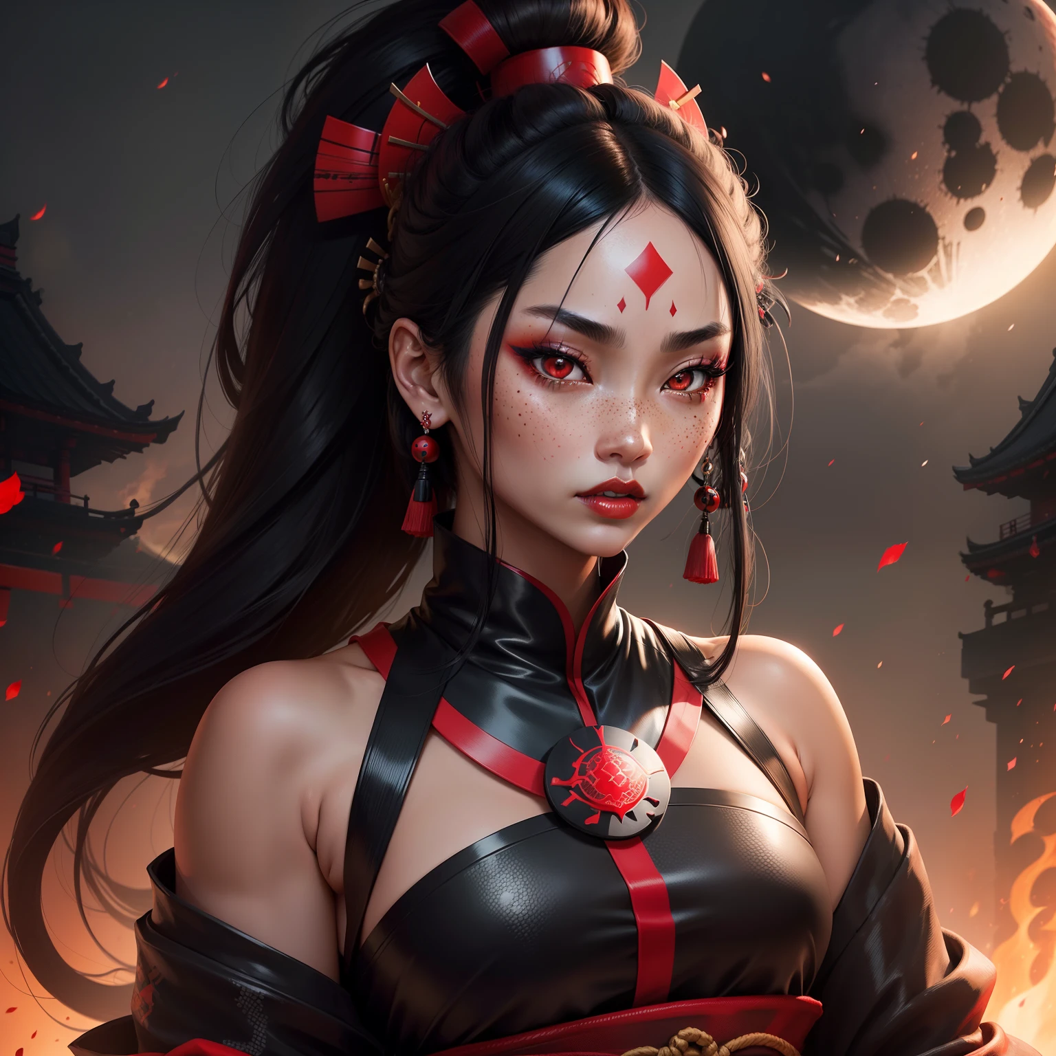 Female samurai warrior, jet black hair, dark skinned tanned, red black, bright moon, freckles on the face, red lipstick, full body, no extra hair, diamond shaped face, cover top, black eyeballs, geisha warrior, brown tan skinned, sexy hair style, extravagant outfit
