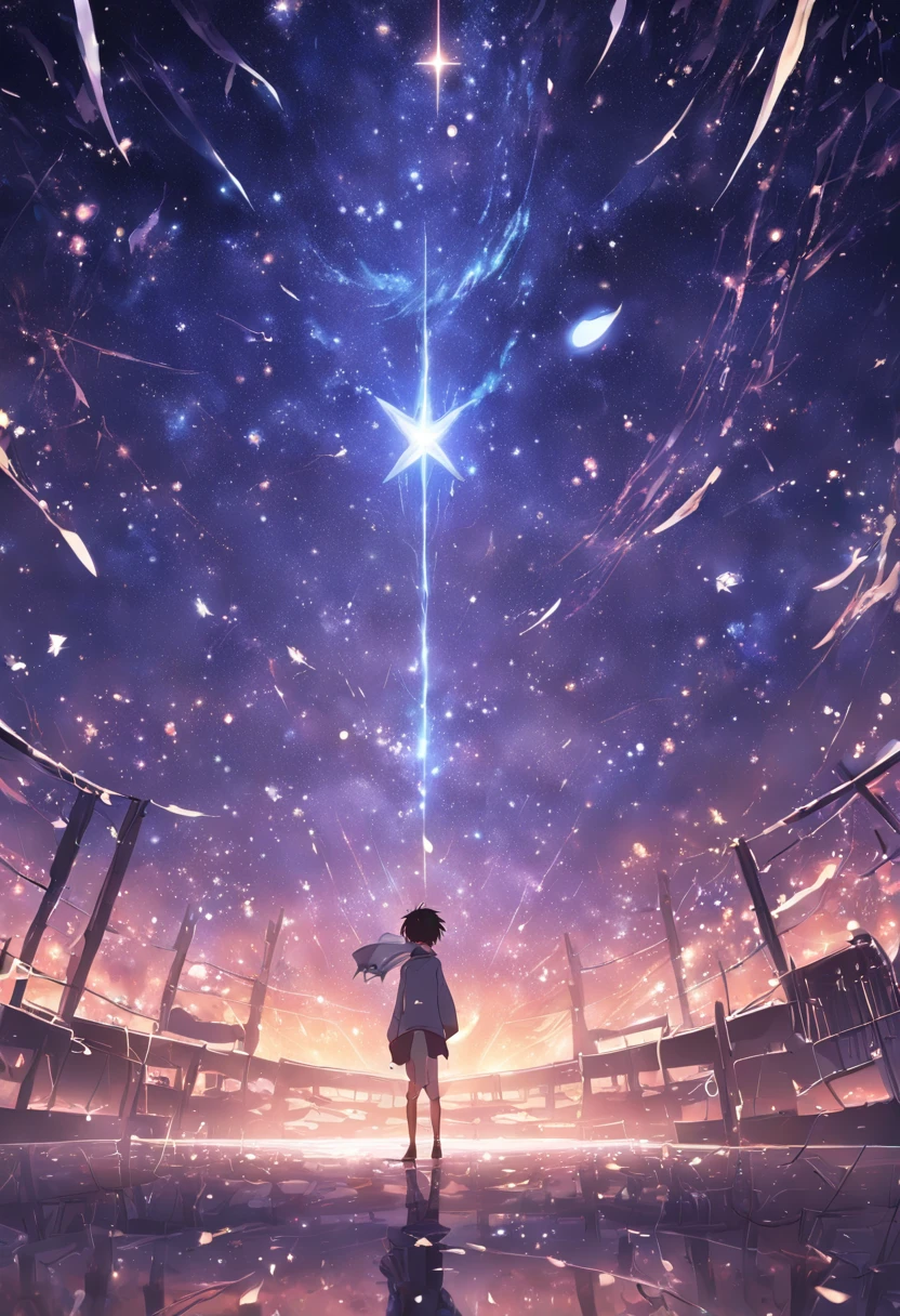 The entire galactic starry sky，Magnificent,Twinkling starlight，limitless，Fantastic sights, raining stars from the skies, standing young man, black hair, white shirt, masterpiece.