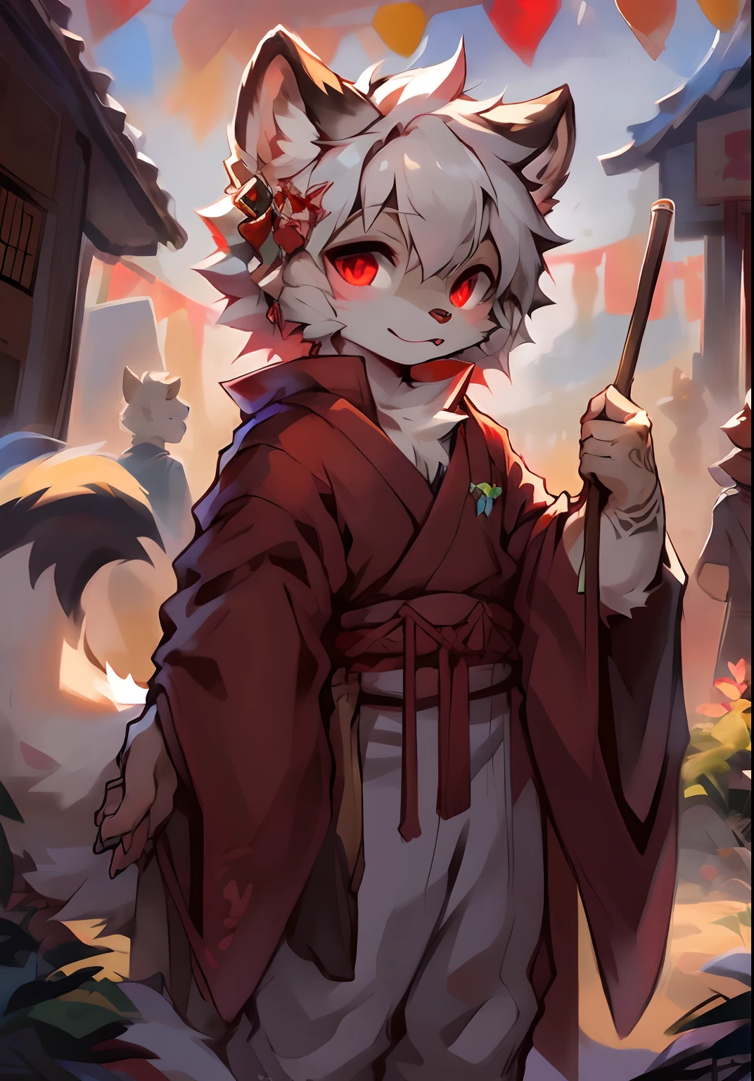 (ambiente dark:0.8),Masterpiece,High quality,abstract res,Digital painting\(artwork of a\),(anthro,Fluffy fur,Character focus:1.1),anthro male cat,Short hair,Portrait , eyes with brightness, in a panoramic view, Character focus.(detailedbackground:0.7), 独奏, shaggy, shaggy male, malefocus, anthr,(Full Body Furry, Fluffy tail, White fur, red color eyes, Gray hair:1.2), (((long canines、Japan culture、Tattooed with：1.2)))，（interiors、the night、Torii：1.1），Digital artwork with cinematic lighting.A boy，Single-cut anthropology,Furry,feral,(Digital media \(artwork of a\):1.2),(hi，It's nothing,absurd res:1.2),Perfect anatomy,Anatomically correct,Detailed,Detailed face,Detailed eyes,(Realistic fur,Detailed fur:1.25),Detailed background,amazing background. Break (author：Puinki \(artist\):1.2),(author：Unreal Land,author：Sumi Kuroi,author：Milk Tiger 1145,author：Morkey,author：Emolga 1,Through oocysts:1.2),(author：Xia Huaiting:0.8),(by Pino Daeni:0.8),(author：Sios Shiru:0.8),(by Chunie:0.8).