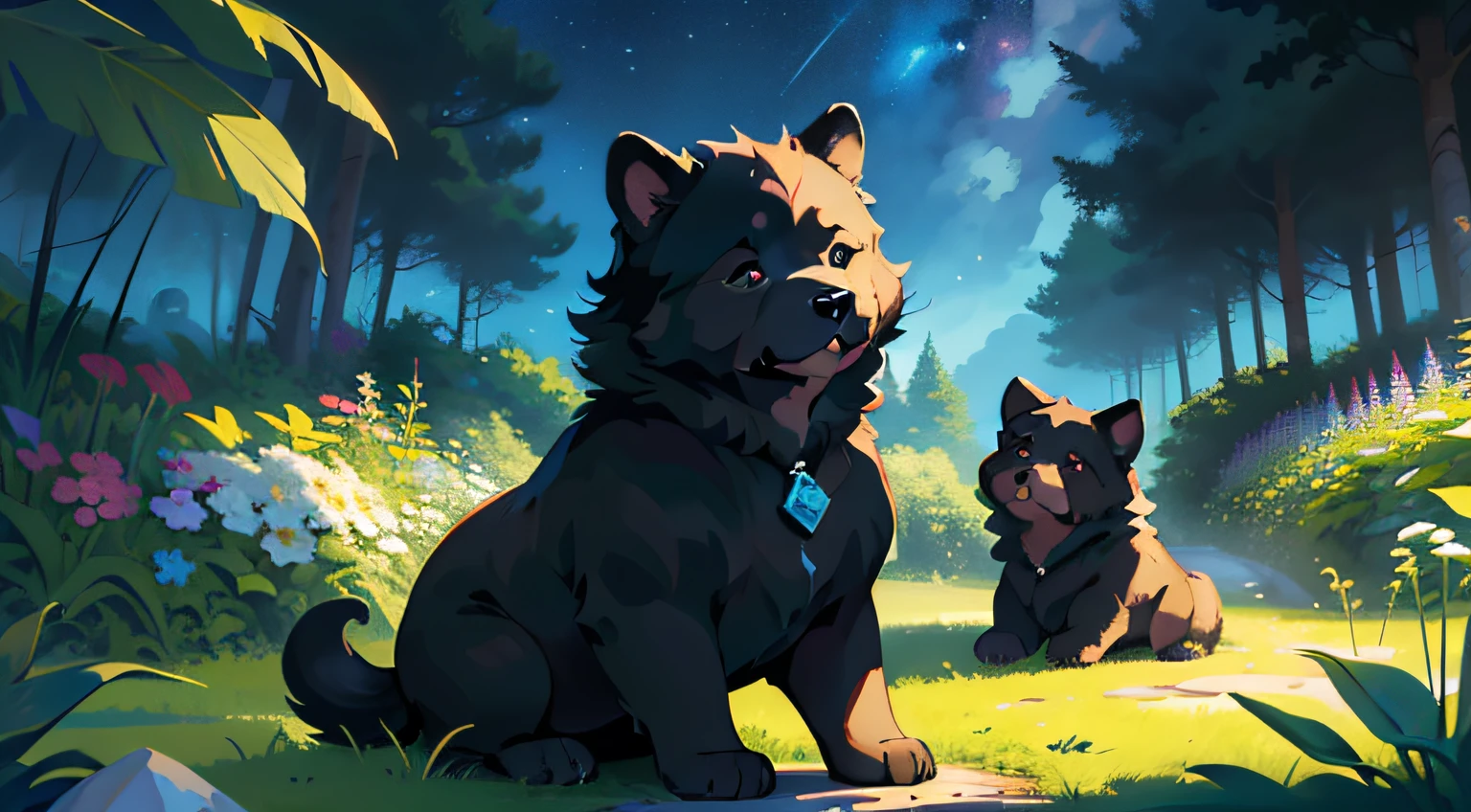 (master part, charming illustration of a cute black Chow Chow puppy in a garden:1.3), 
(Captivating representation designed to engage children's imagination:1.2), 
(meticulously illustrated with attention to capture the adorable essence of the breed:1.2), 
(a flacidez e a cor distintas do filhote de cachorro Chow Chow aumentam sua fofura:1.1), 
(Set in a forest with starry skies at night:1.1), 
(Highlight him with a look of gratitude on his face. Convey the feeling of peace and closure.:1.1), 
(Detalhamento meticuloso da pele do filhote, capturando sua textura macia:1.1), 
(A portrait that invites children to imagine playful interactions in a cheerful outdoor environment:1.1), 
(uma imagem que exala calor, confortar, e a alegria do companheirismo:1.1), 
(an illustration that encourages storytelling and creativity through visual exploration:1.1), 
(A work of art that captures the innocence and wonder of childhood and the charm of a beloved furry friend:1.1))
