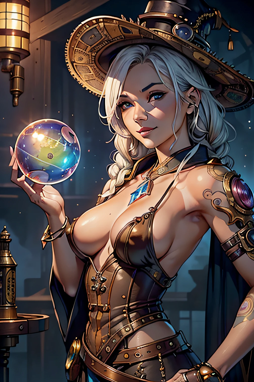 Woman,Traje conservador,(Wearing a big hat),Guindaste azul,Vestindo um vestido de princesa azul e vermelho e branco,Close-up da parte superior do corpo,Fotos em close-up,joalheria,Visions of heaven and earth,(((magic crystal ball))),The backdrop is the Milky Way,sistema solar, (photorealistic:1.2), (realistic:1.1), ((Masterpiece)), (high resolution:1.1) high quality, masterful, dystopian fantasy, amateur professional, detailed skin texture, gorgeous oil painting, (beautiful composition:1.2), an (steampunk Japanese:1.5) (steampunk clothing:1.1) (excessive cyberpunk tattoos:1.2) woman Sexy (beautiful sexy lady healer:1.3), (flowing white hair, bangs, braids:1.1), (staring at viewer, closed mouth) (detailed face:1.2), (detailed blue eyes:1), (perfect eyes), (eye contact:1.2)(perfect proportions), (perfect anatomy), (athletic body), ((small boobs)), (flat chested) (narrow waist), (narrow waist:1.1), (skinny, thin, slender body:1.1), (fit body:1.2), perfect teeth, beautiful revealing vagina, beautiful, futuristic dystopian fantasy bedroom background , photograph, close up, emotional, tears, (expression smiling:1.2) happiness, heavenly, kind, gentle, soft glow, rays of light, colorful, detailed, stunning, dlsr, high quality, high res, ultra detailed, intricate detail, intimate lighting, cinematic, Rembrandt, volumetric lighting, dynamic lighting, nsfw, hetero, (very sexy:1.2), intricate, (blush:0.5), (goosebumps:0.5), subsurface scattering
(wind) nsfw tanlines