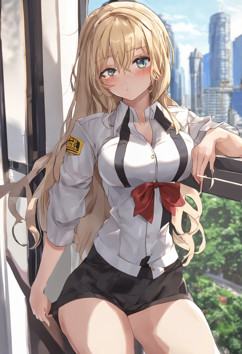 nudity big boobs tearing shirt holes in shirt sexy oiled skkin shiny skin juice body thick thighs torn bra anime girl in uniform posing in front of a window with a city view, blonde anime girl with long hair, beautiful anime high school girl, seductive anime girl, anime visual of a cute girl, smooth anime cg art, marin kitagawa fanart, anime girl with long hair, attractive anime girl, realistic schoolgirl, school girl, anime best girl, a hyperrealistic schoolgirl