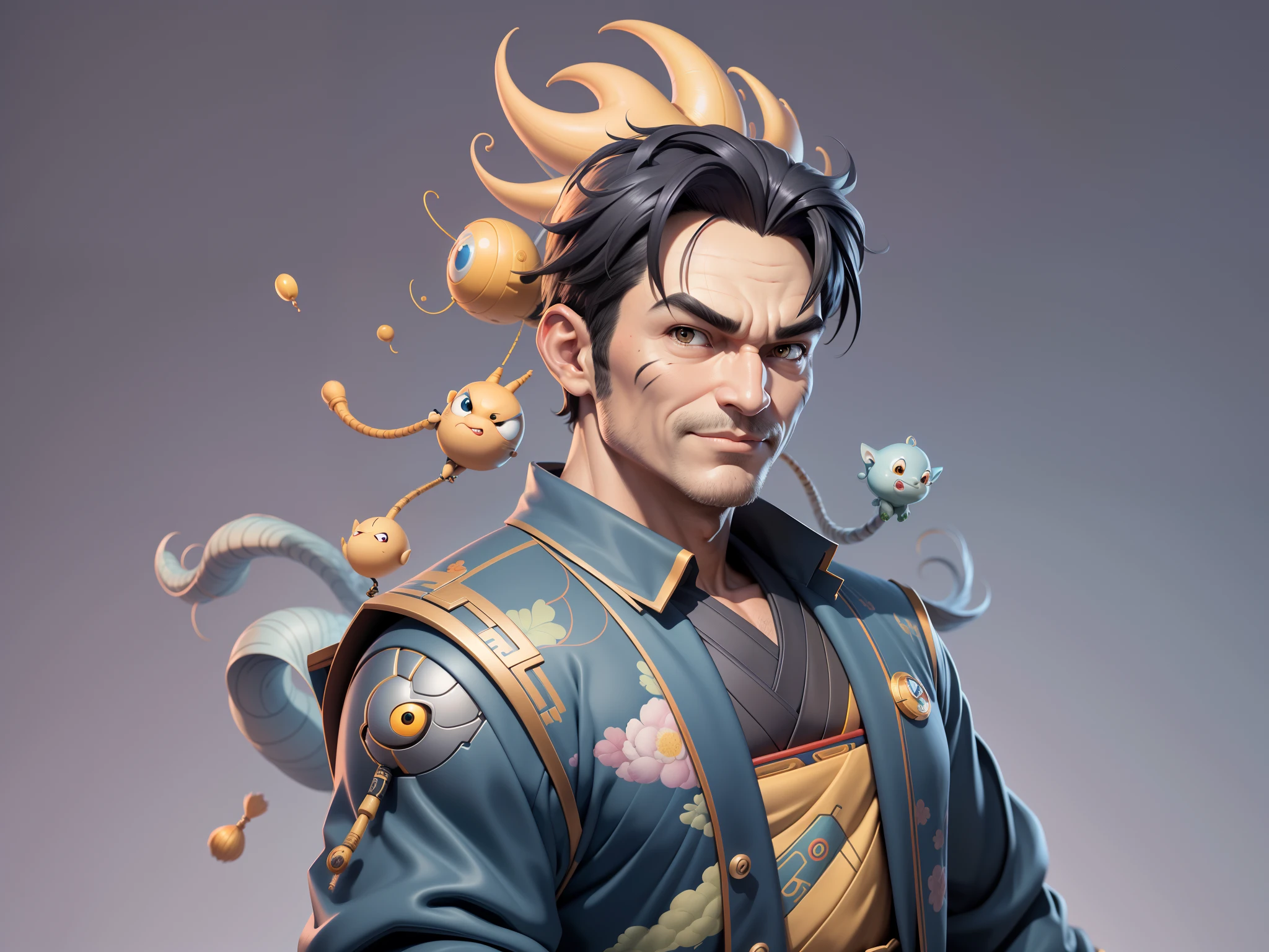 (Masterpiece), (Excellent), (Super Meticulous), (Full Body: 1.2), Super Young Man, Oriental Face, Japanese Kimono, Japanese Wind Thunder God, Dragon, Tiger, TV Anchor, Bust Portrait Illustration, Alone, Black Suit, Blue Tie, Slightly Chubby Face, Very Clean Face, No Beard, Black Super Short Hair, Black Eyes, Confident Smile, 3c Computer Sub-Products, iPad, iPhone, Digital Painting, 3D Character Design by Akira Toriyama and Mark Claireden and Pixar and Hayao Miyazaki, The illustration is a high-definition illustration in 4K resolution with very detailed facial features and cartoon-style visuals.