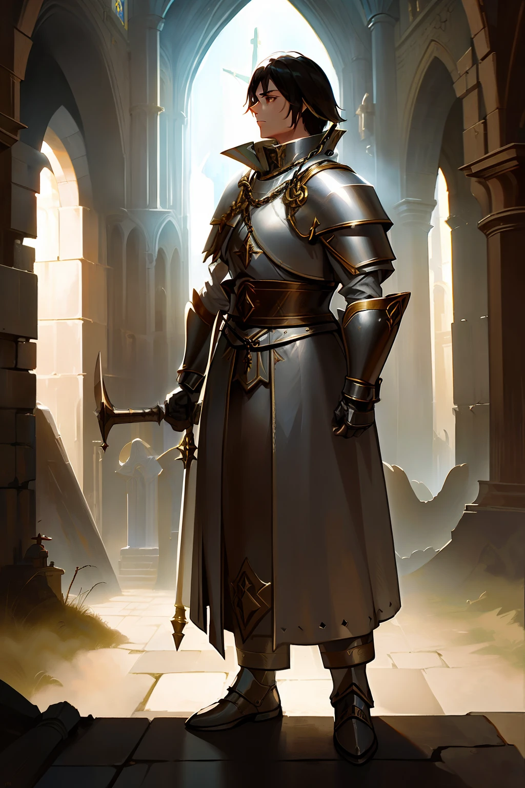 1 man, young, manly, black haired, brown eyes, serene presence, cleric, ecclesiastical clothing, white tunic, Knights Templar-inspired armor, cotton gambezon, chain mail, steel plated boots, steel plated gauntlets steel, long triangular shield, flanged mace, praying pose, hands folded, church ruins, forest