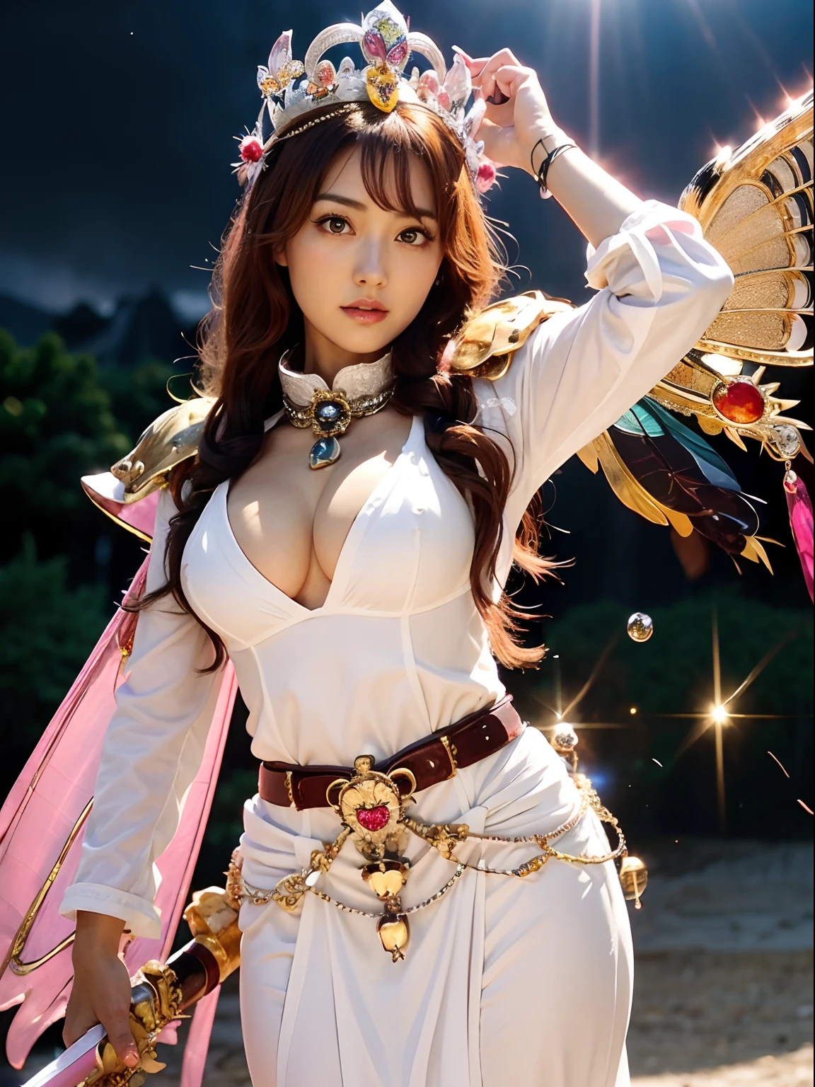 (masutepiece), Professional , masterpiece、top-quality、photos realistic , depth of fields (Gemstone White Metal Body:1.9),(Matte White Pink、Jewel Gold Weapon、(Gorgeous castle background)、(ultimate beauty girl)、(Rainbow fairy wings grow)、Particles of light、(Metal body of iridescent gemstones:1.9),Gorgeous Jewel Metal Weapons ,(maikurobikini)、 Detailed Sword of the Brave ,( Pink hair) ,warhammer 40k , adepta sororitas,Detail and ornate jewel crown、独奏、Brown hair、Mystical expression、cleavage of the breast、(Gangle's forest background)、Beautiful Caucasian beauty、1a person、dynamic ungle,(((Diamond tiara with detail and luxury)))、a small face、Powerful poses、(Gorgeous castle background)、huge filesize、20 year old beautiful woman、Stand in the center of the screen、Thin female fingers、Straight long hair、Beautiful Caucasian beauty、(maikurobikini)、Hair fluttering in the wind、face forwards、Look at viewers、(Armpit)、Armpit、