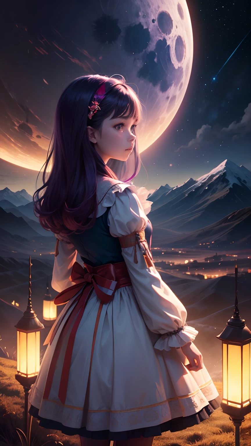 Expansive landscape photograph,(look from down,Above is the sky,Below are open fields),A girl standing on an observatory looking up with a radio telescope,(moon full:1.2),(meteors:0.9),(Starcloud:1.3),Far Mountain, Tree BREAK making art,(Warm light source:1.2),(glowworm:1.2),lamp lights,Lots of purple and orange,Complicated details,Volumetric lighting BREAK(tmasterpiece:1.2),(best qualtiy),4k,ultra - detailed,(dynamic compositions:1.4),detail-rich,plethora of colors,(Irridescent color:1.2),(with light glowing,Atmospheric lighting),dream magical,magical,(独奏:1.2)