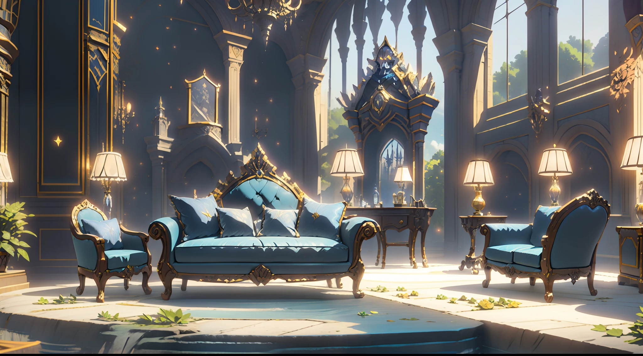 Calm afternoon, sunny and well-lit, indoor study with a computer, a small amount of Tyndall effect, water light, European court, retro, cold and ornate carving, carved baroque, rococo leaf sofa, throw pillow, coffee table, cabinet with obvious perspective, a small number of starry sky, smooth floor chandelier