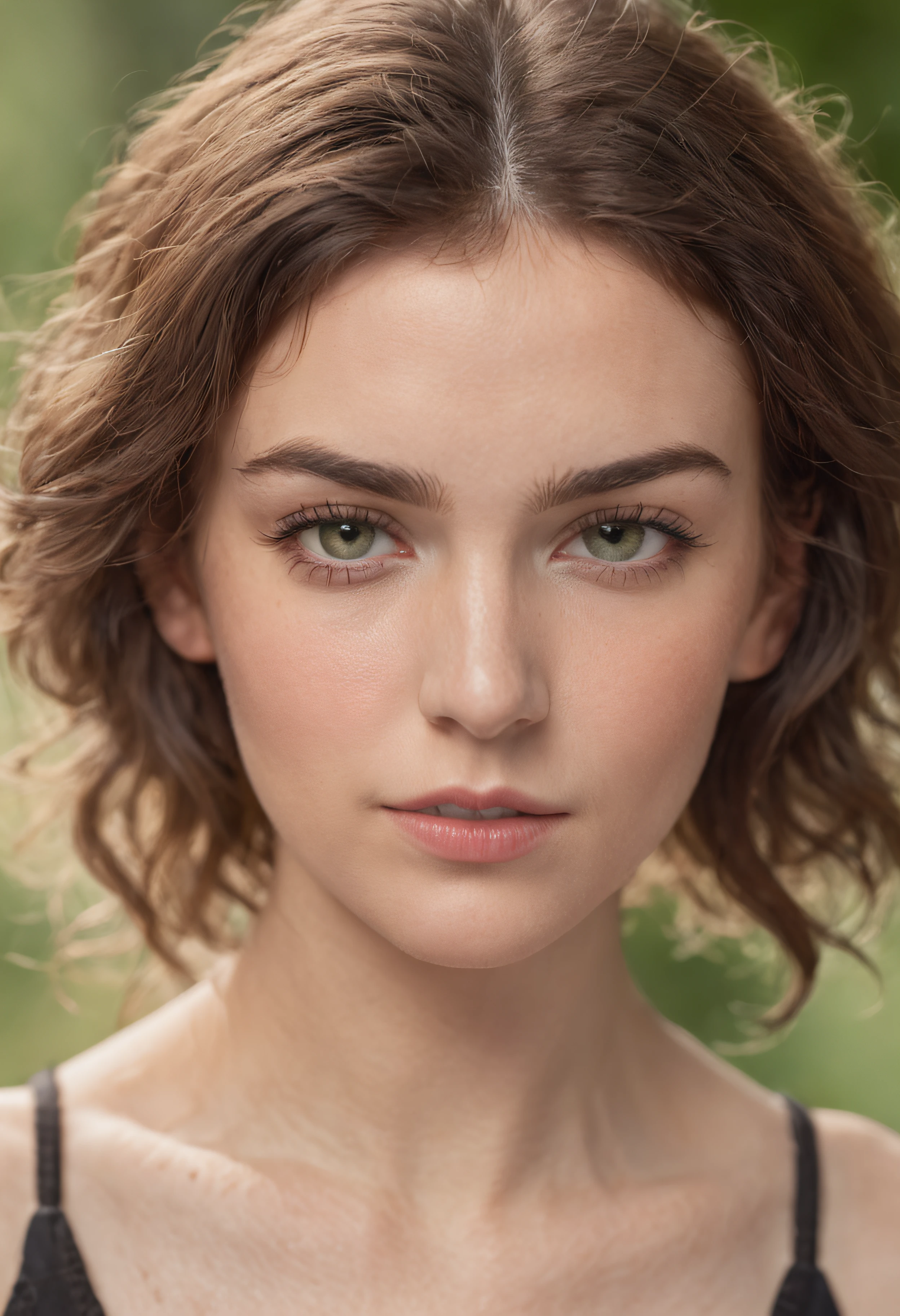 masterpiece studio portrait of a beautiful 24 year old french woman, she is a curly haired bushy brunette, shy expression, green eyes, Front face Professional color grading, sombras suaves, sem contraste, clean sharp focus, cinematic movie photograph