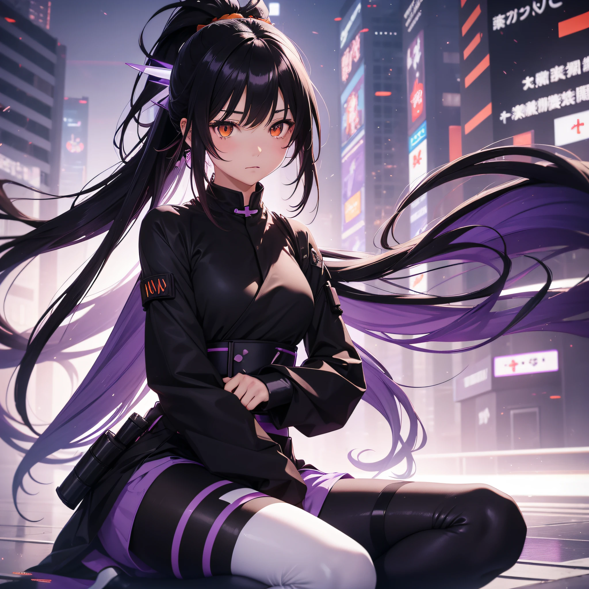 1girl, solo, sakifuwa, very long hair, ponytail, orange eyes, black hair, ahoge, black tights, white samurai suit, long leggings, purple strain of hair, very purple long skirtm, looking at viewer, at cyberpunk