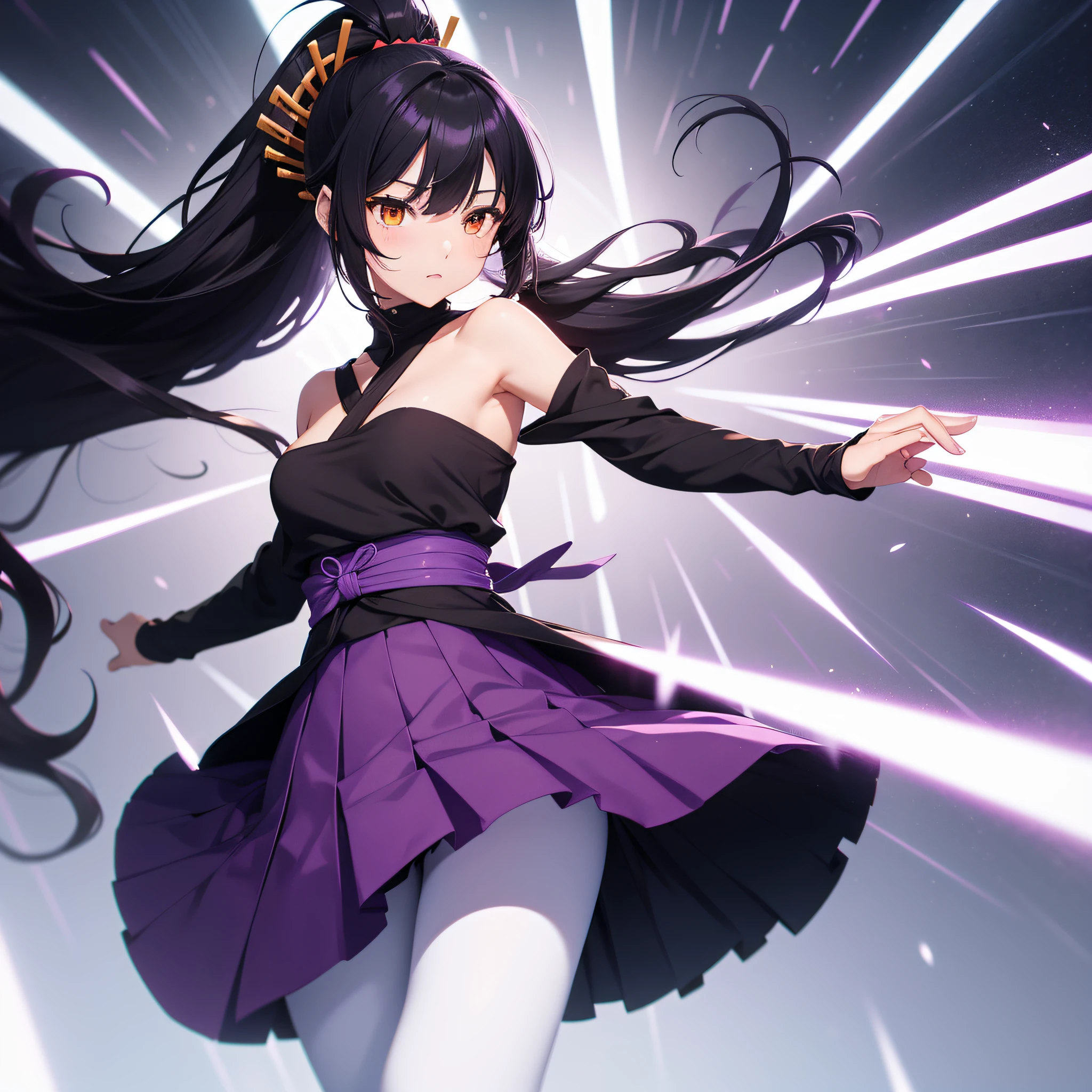 1girl, solo, sakifuwa, very long hair, ponytail,off shoulder, orange eyes, black hair, ahoge, black tights, white samurai suit, long leggings, purple strain of hair, very purple long skirt