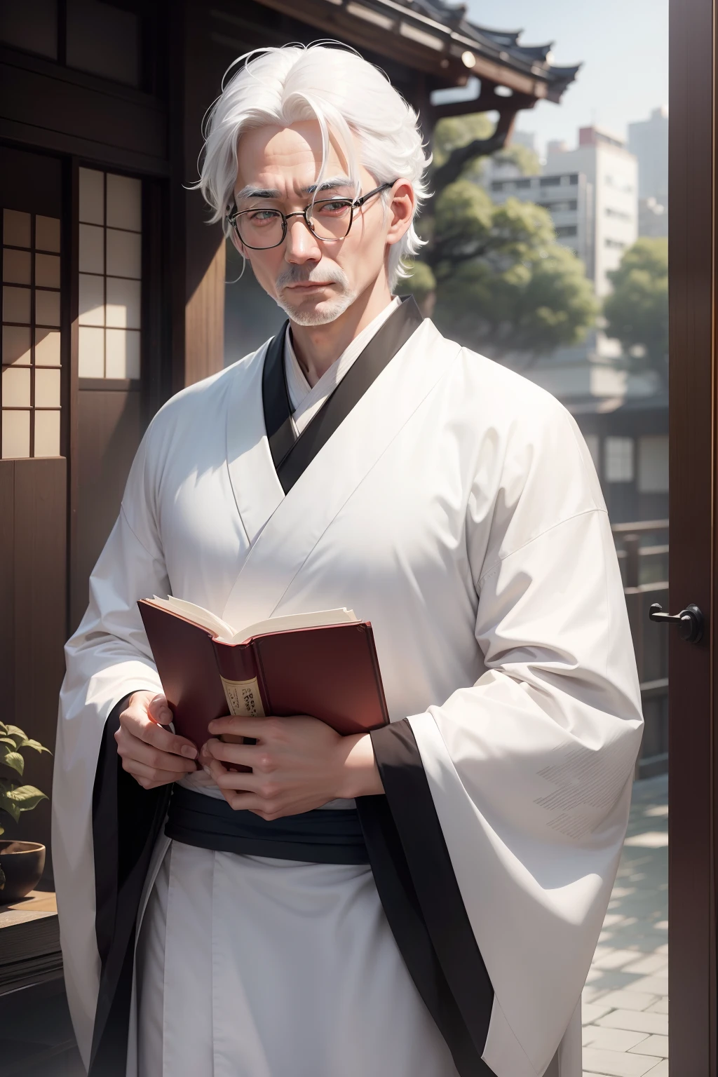 white  hair、Man in Kimono、eye glass、book in hand、medium shot, front facing