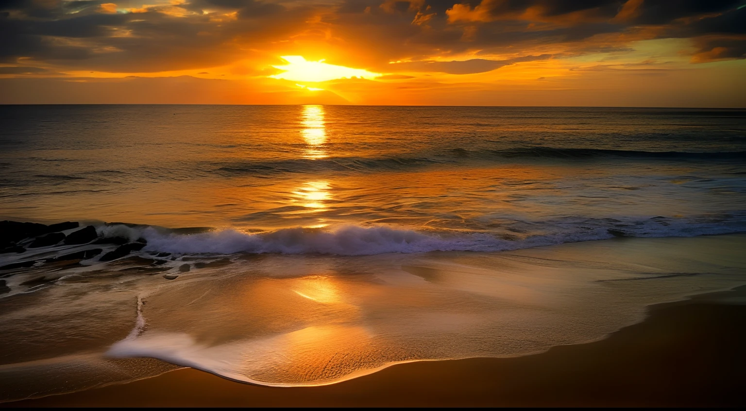 arafed view of a sunset over the ocean with waves, which shows a beach at sunset, sunset at the beach, the most beautiful sunset, beach sunset background, sunset on the beach, golden sunset, on the beach during sunset, at the beach on a sunset, golden hour time, at the golden hour, warm beautiful scene, at a beautiful sunset