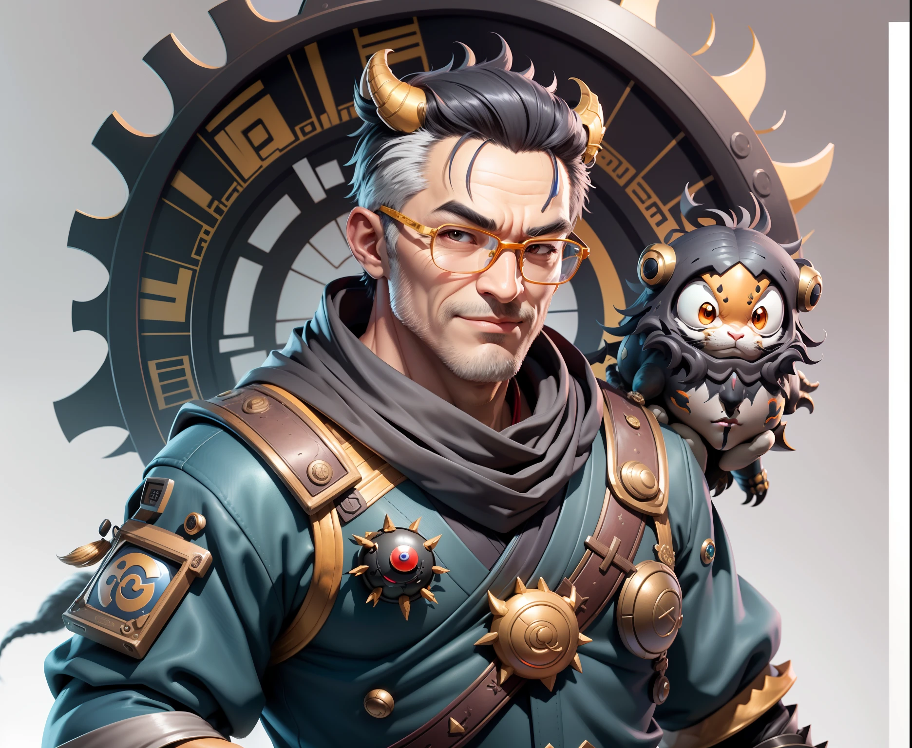 (Masterpiece), (Excellent), (Super Meticulous), (Full Body: 1.2), Super Young Man with Japanese Female Geisha, Pretty, Beautiful, Chinese Dragon, Tiger, Wind God Thor, Sexy, Bursting, Oriental Face, TV Anchor, Bust Portrait Illustration, Black Suit, Blue Tie, Slightly Chubby Face, Silver Glasses, Very Clean Face, No Beard on Chin, Black Super Short Hair, Black Eyes, Confident Smile, 3c Computer Sub-Products, iPad, iPhone, Digital Painting, 3D character design by Mark Clairedon and Pixar and Hayao Miyazaki and Akira Toriyama, the illustrations are HD illustrations in 4K resolution with highly detailed facial features and cartoon-style visuals.
