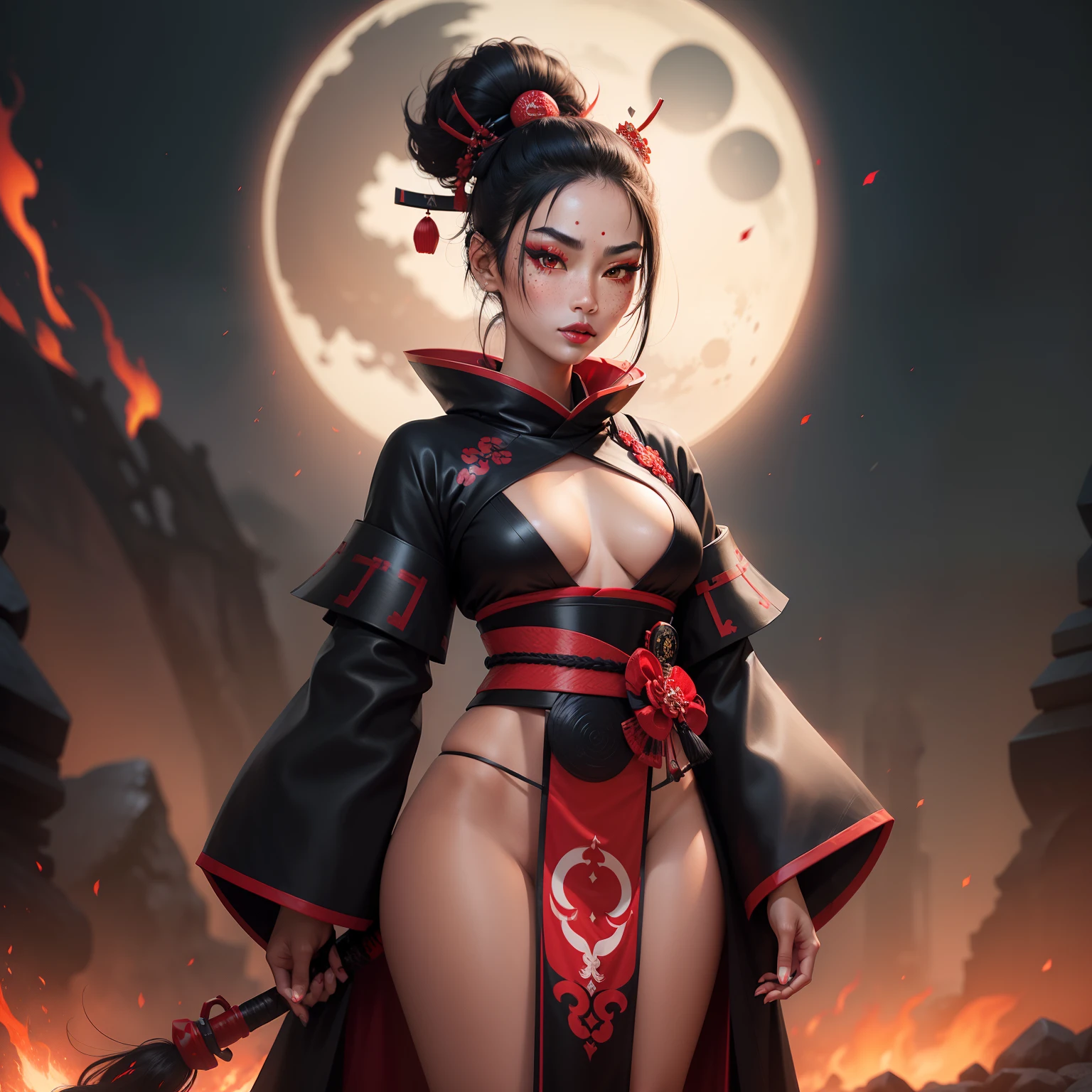 Female samurai warrior, jet black hair, dark skinned tanned, red black, bright moon, freckles on the face, red lipstick, full body, no extra hair, diamond shaped face, cover top, black eyeballs, geisha warrior, brown tan skinned, sexy hair style, extravagant outfit