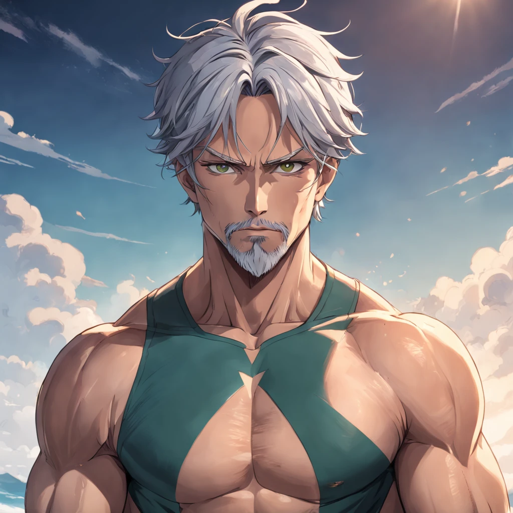 It WasDescription of the Man with Imposing Appearance: Diante de mim, A man of magnetic and imposing presence emerges, A figure that commands instant attention. Her gray hair gives a distinct touch of maturity to her appearance, while a carefully modeled goatee accentuates its striking features. This combination of traits reveals a unique blend of wisdom and vigor. Every muscle in your body is meticulously toned and defined, The result of years of tireless dedication to physical training. Os contornos esculturais de seus ombros, Chest and arms reflect his relentless pursuit of athletic excellence. Your posture is a natural extension of your inner strength, Conveying trust and authority. He wears tight knit pants that fit perfectly to the contours of his muscles, displaying his athletic form with pride. The absence of a shirt reveals sun-tanned skin, in which each scar and brand tells a story of challenges overcome and lived experiences. Their green eyes are like shimmering gems, profundos e penetrantes, revealing an emotional intensity that is balanced by an intrinsic serenity. Esses olhos capturam a luz do ambiente, reflecting a color palette that seems to dance in its depth. This man's presence is a combination of strength and subtlety, a symphony of features that captivate and inspire. Its imposing appearance is complemented by an aura of recognition and understanding, inviting others to connect not only with your appearance, but also with the history that his green eyes silently express.