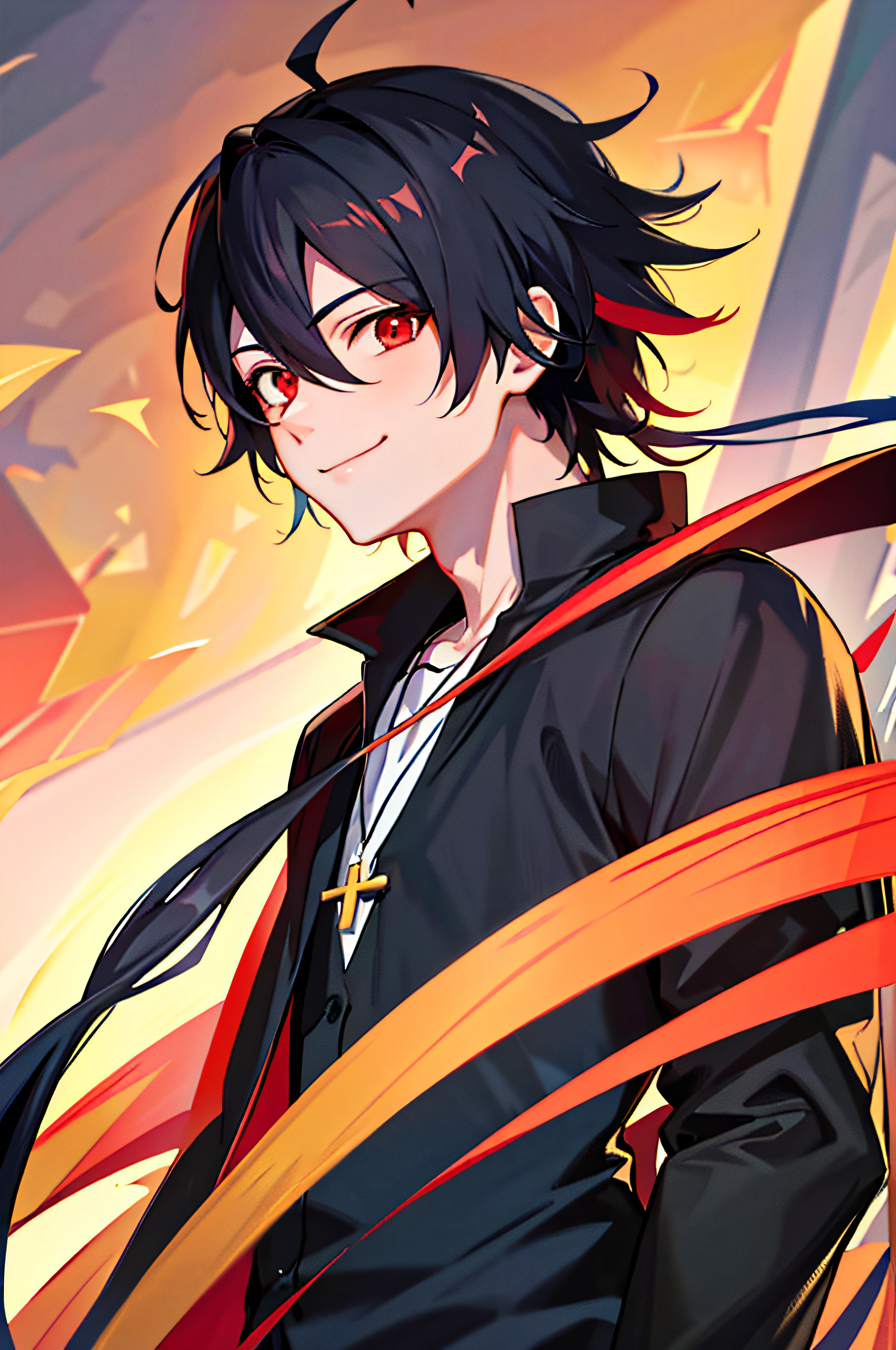 (Highest image quality), quadratic element,Anime figure, Red eyes, Black hair,male anime character, Anime moe art style, Character art portrait,Single horsetail, confident smile,Cross necklace,solo person