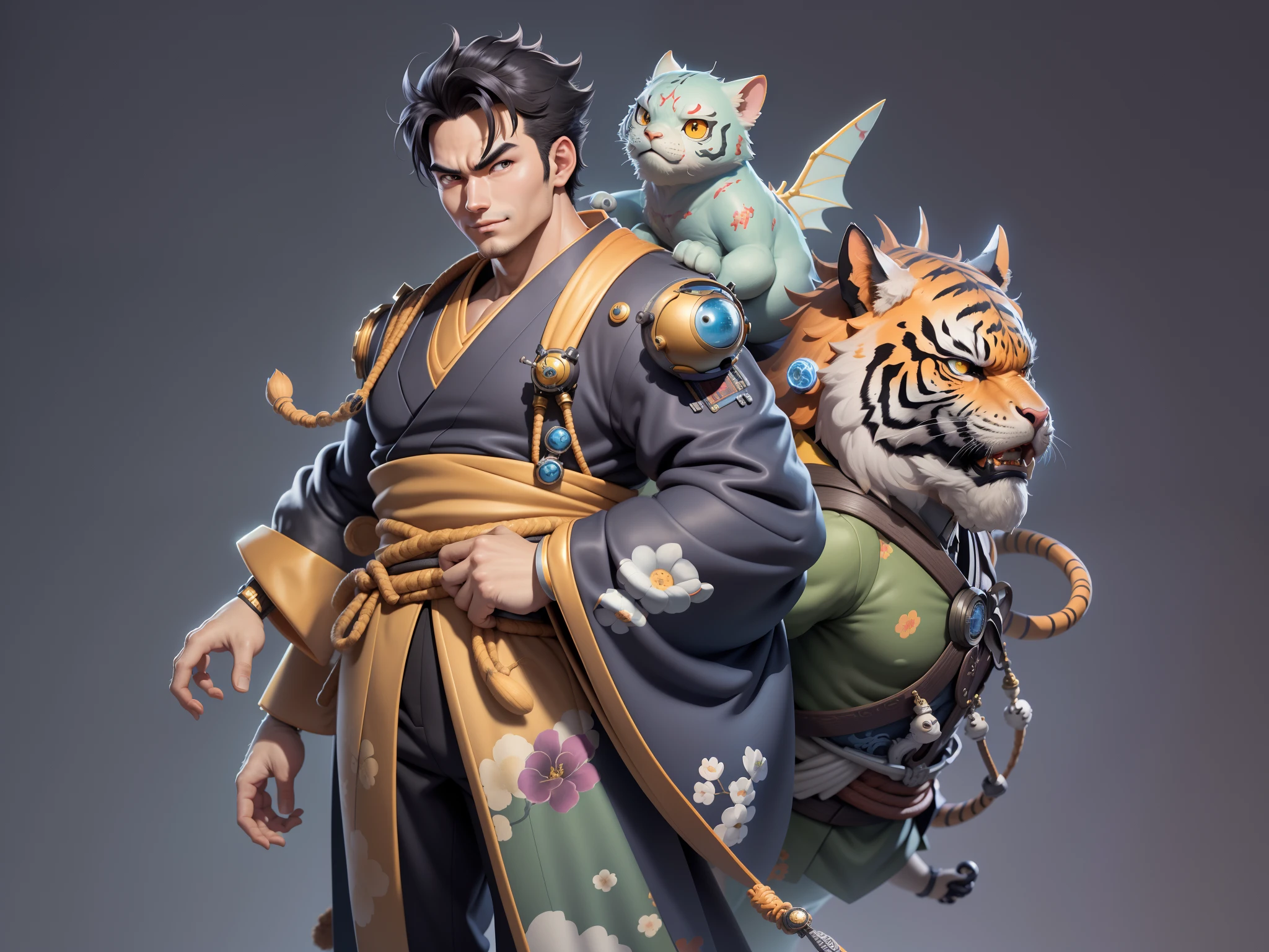 (Daisaku),(Need),(Super meticulous),(full bodyesbian:1.2),Japanese ukiyo-e girl,japanese geisha,Beautiful,Oriental dragon,one tiger,Aeolian Thor,Raised sexy,爆乳,Oriental face,TV Anchor,Bust portrait illustration,Alone,In black suit,a blue tie,The face is slightly chubby,The face was clean,without a beard,Black super short hair,Black eyes,Smile confidently,3C computer sub-products,iPad, iphone,Digital painting,3D character design by Mark Clairen and Pixar and Hayao Miyazaki and Akira Toriyama,The illustration is a high-definition illustration in 4K resolution,With very detailed facial features and cartoon-style visuals。
